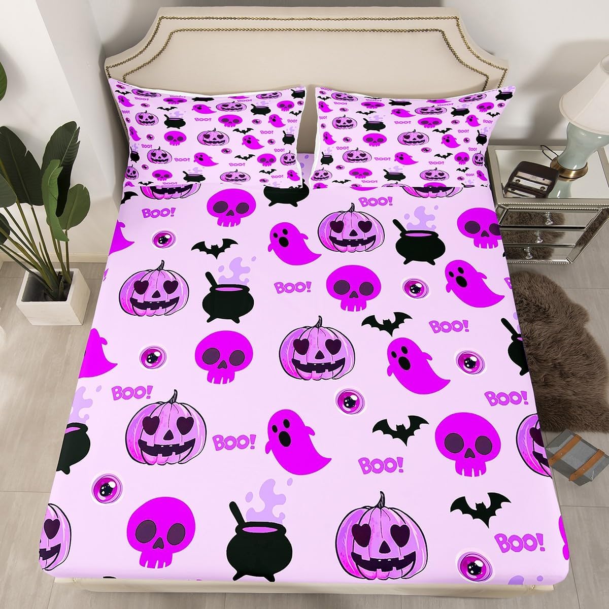 jejeloiu Halloween Decor Bed Sheets Set Twin Size Pumpkins Bed Set for Kids Boys Girls Bat Deep Pocket Fitted Sheet Sugar Skull Breathable Soft Lightweight Microfiber