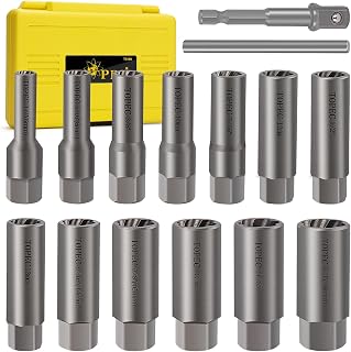 Topec 15PCS Deep Bolt Extractor Kit, 6mm-19mm Nut Extractor Socket Set, 3/8" Drive Rounded Bolt Remover, Spark Plug Extractor Tool for Broken, Stripped, Damaged, Rusted Stud and Bolt Nuts