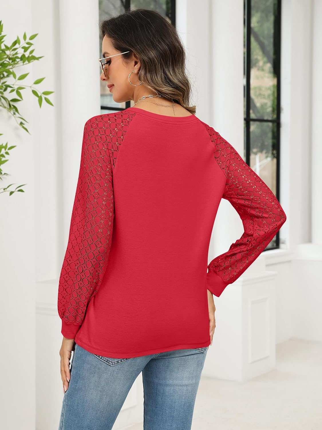 Minetom Women's Lace Long Sleeve Tops Henley Shirts Casual Blouses T Shirts Fall Clothes - Image 5