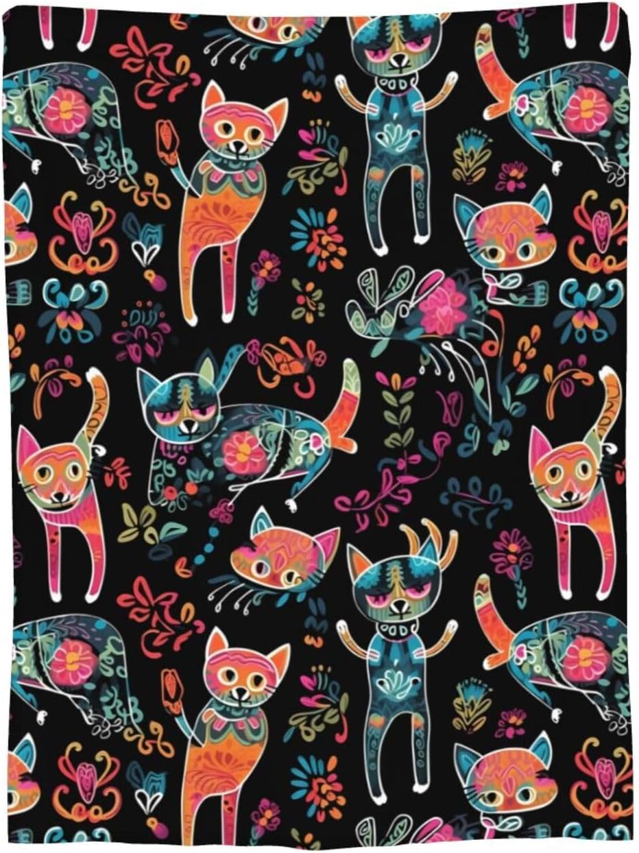 Ouqiuwa Day of The Dead Cat Kitten Sugar Skull Throw Blanket Plush Microfiber Flannel Fleece Blanket 80"X60" for Bed Sofa Couch Camping Travel