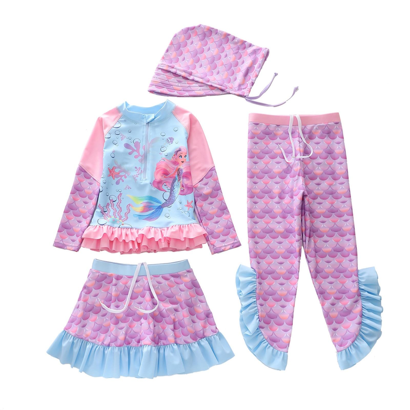 Generisch Bañador para niña de manga larga con bonito estampado de dibujos animados y patrón de escamas, traje de cuatro piezas