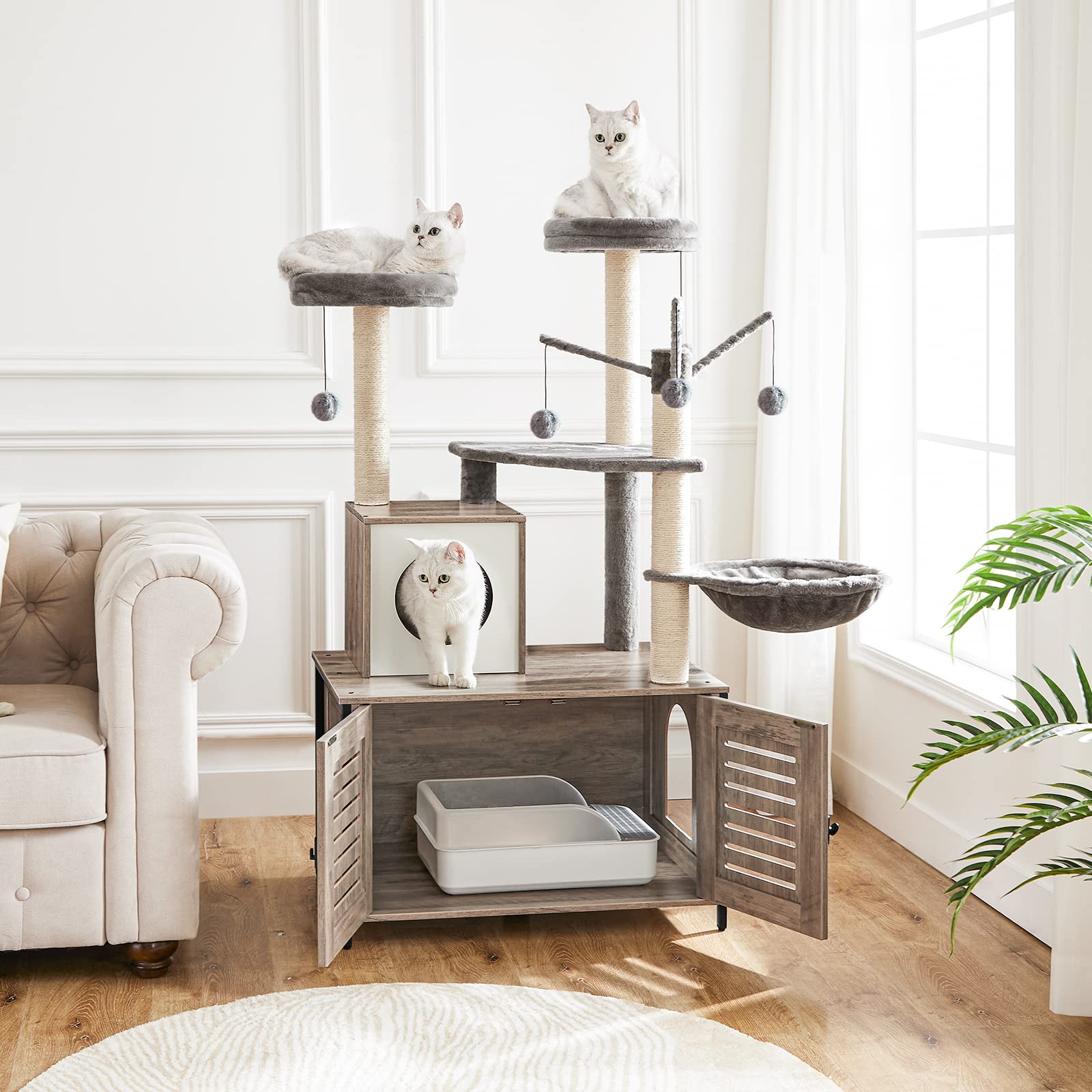 HOOBRO Kratzbaum mit katzenklo Schrank, katzenbaumTurm, All-in-One-Katzenmöbel für drinnen, versteckte Katzentoilettenmöbel, 132 cm, Abnehmbare Plüschball-Stangen, Greige EBG14MZ03