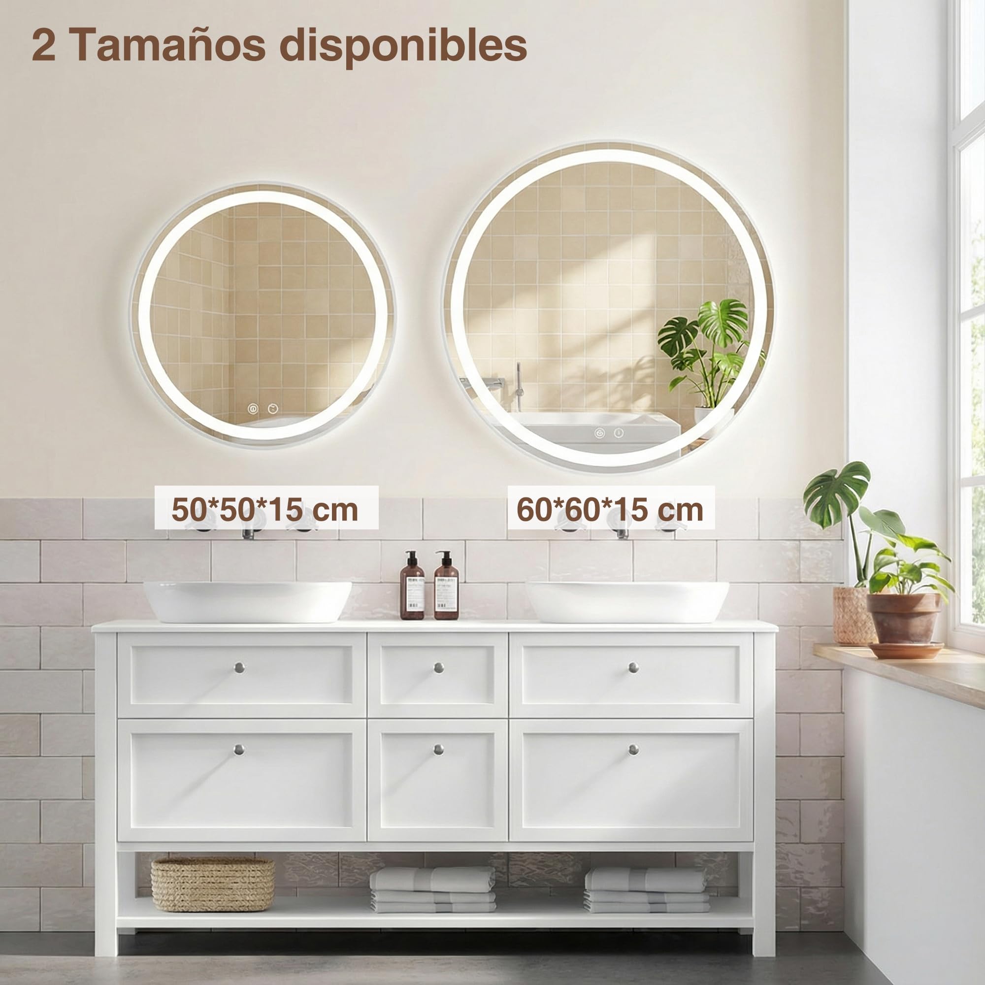 Armario Baño con Espejo LED iluminación y Función de Desempañado Redondo Armario Baño Espejo de Pared con Enchufe y Lupa de 10x Negro (No Requiere ensamblaje) 50x50x15 cm