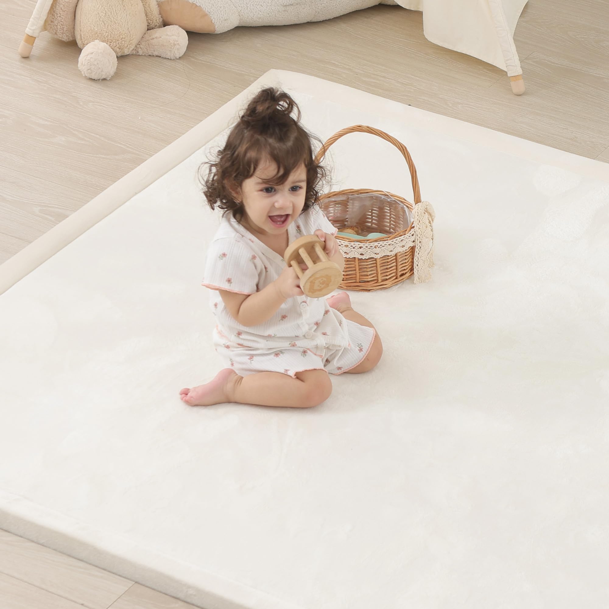 Photo 1 of 1.5" Thick Baby Play Mat for Floor Tummy Time, Large Pro Soft Foam Activity Playmats Playroom, Easy Care with Non-Slip Safe for Infant Toddler Kids Crawling79"x 118" (Cream)