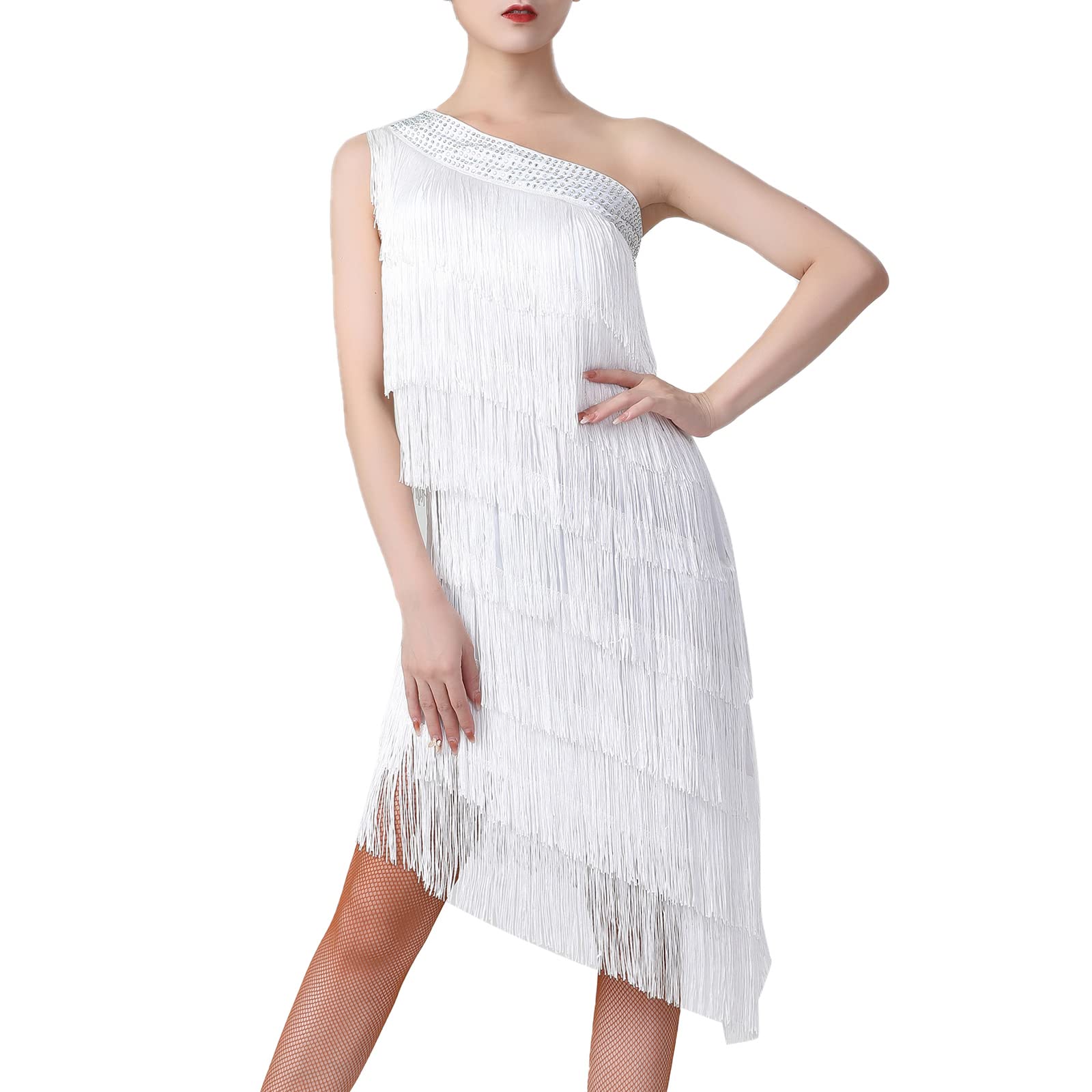 Vestido de lentejuelas con flecos y flecos para mujer, estilo Gatsby, asimétrico, con un hombro descubierto, salsa, baile latino, cóctel, baile