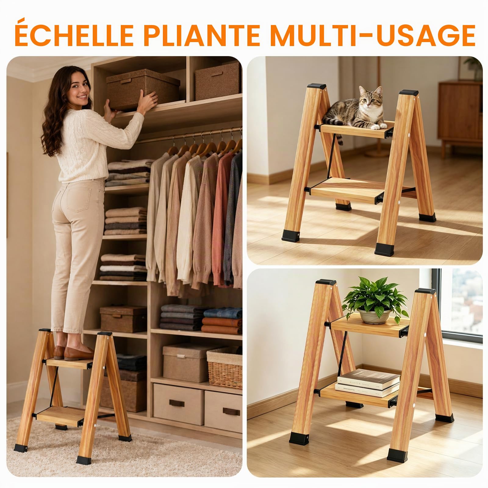 KULACO Escabeau 2 Marches Pliable en Aluminium Marchepied Pliant Portable Antidérapant Jusqu'à 150 kg Échelle Polyvalente Design Imitation Bois pour Cuisine Salle de Bain Camping Jardinage