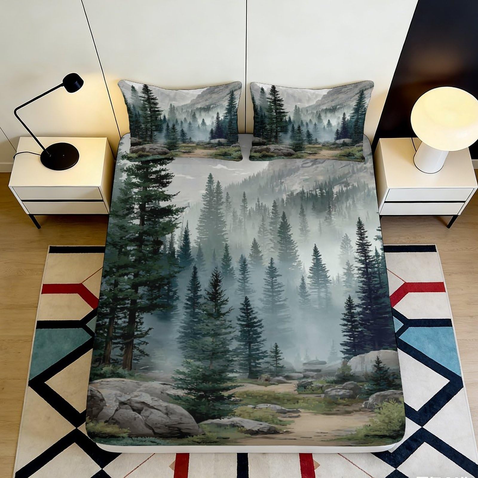 3D Printed Forest Landscape Fitted Sheet Microfiber Soft Green Mountain Mattress Cover for Bedroom Guest Room Decor 90x200x25cm