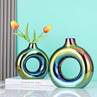 Vista 5 de Juego de 2 jarrones con forma de dona para decoración de jarrón azul, jarrón circular hueco, moderno jarrón de cerámica brillante para entrada, sala