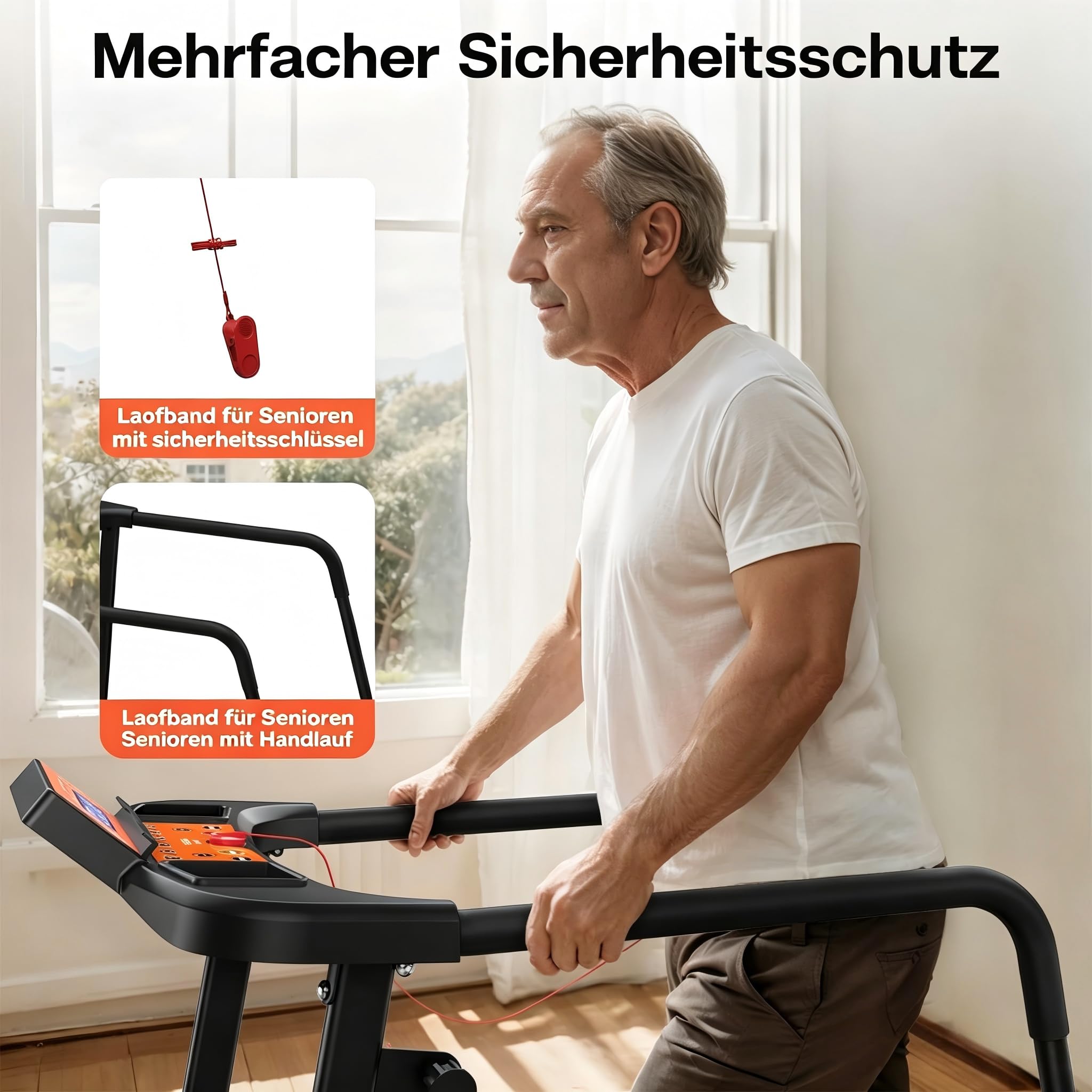 Laufband für Senioren Klappbar mit Handlauf - Elektrisches Fitnessgerät leise & gelenkschonend, Walking Pad für Zuhause bis 135 kg kompakt faltbar, Ideal für ältere Menschen & Rehabilitation
