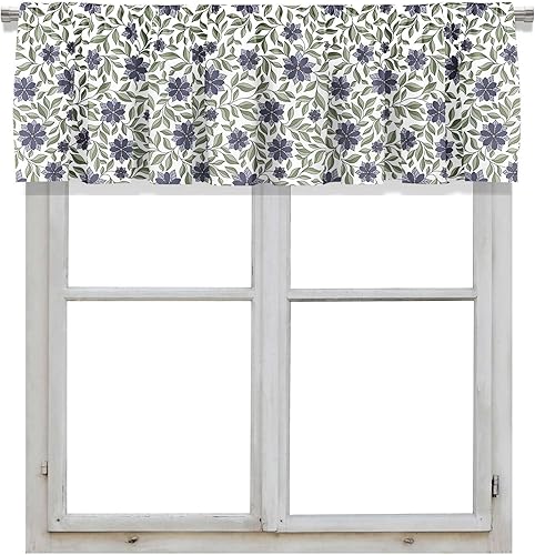 Cenefa de cortina corta opaca con bolsillo para cortinero, diseño retro azul floral y verde, para decoración de cocina, dormitorio, 52 x 18 Cenefa de cortina corta opaca con bolsillo para cortinero, diseño retro azul floral y verde, para decoración de cocina, dormitorio, 52 x 18