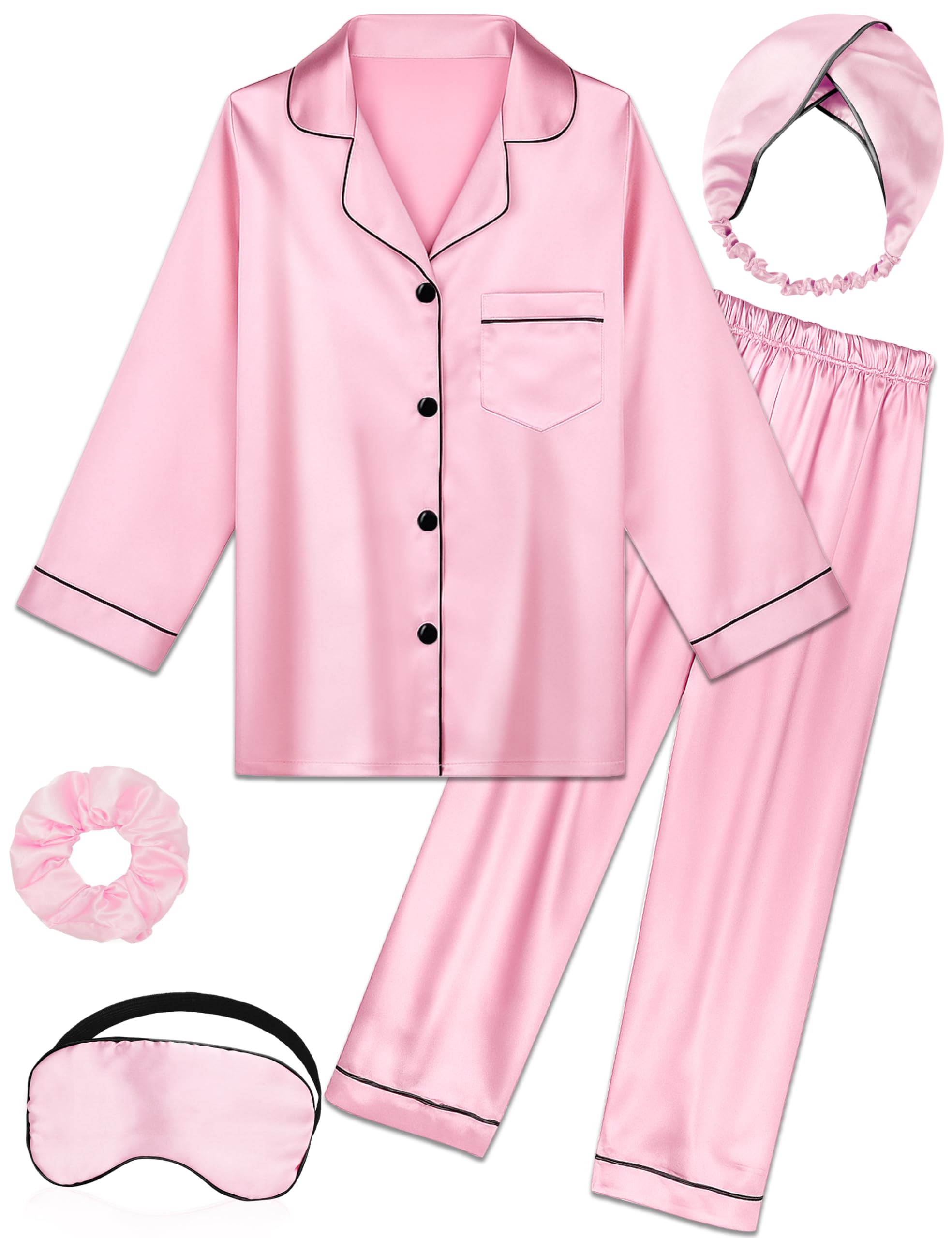 Kids Girl Pajama Set with Headband Blindfold Hair Tie Toddler Boy Girl Satin Silky Button-up Pajama Sleepwear