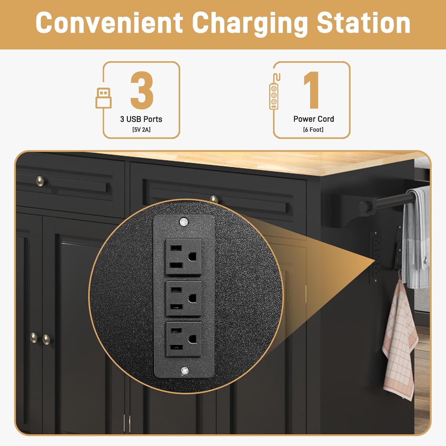 Hlivelood 55 inch Black Movable Kitchen Island showing the integrated power outlet with USB ports