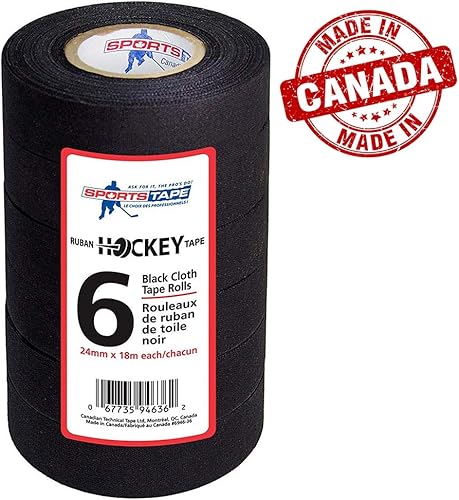 Sports Tape Cinta de hockey negra  Cinta adhesiva  6 rollos  1 pulgada de ancho, 20 yardas de largo (paño)  Hecho en América del Norte