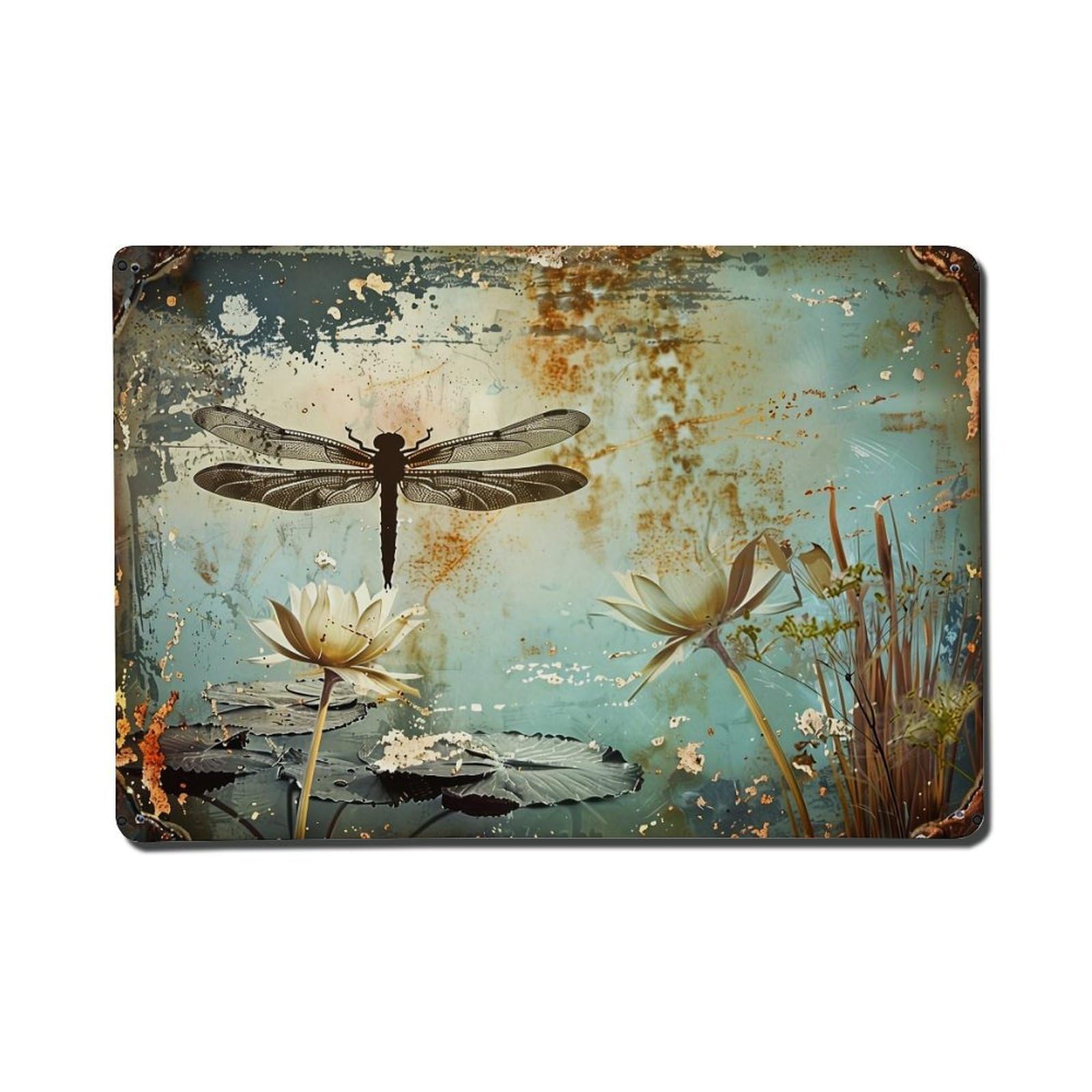 Jdfenggu Vintage Dragonfly Over Lotus Pond Art Retro Metal Tin Sign, Metal Poster For Bar, Home, Man Cave, Kitchen, Laundry Room Art Decor 8X12 Inch