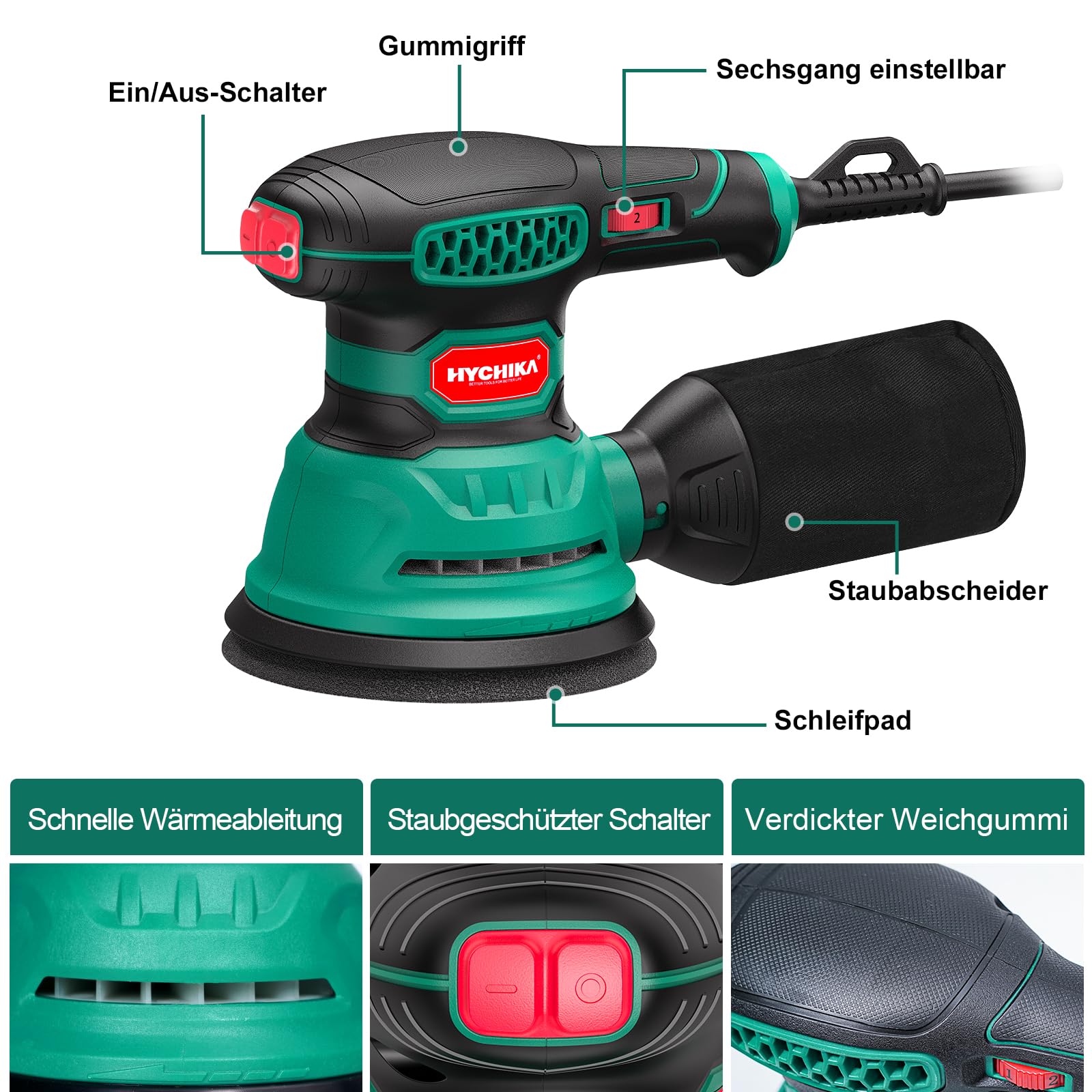 HYCHIKA Exzenterschleifer, 300W 12000OPM Exenterschleifmaschine, 6 Geschwindigkeiten, Compact Exzenterschleifer 125mm, mit 16 Stück Schleifpapier, zum Schleifen, Polieren von Holz und DIY
