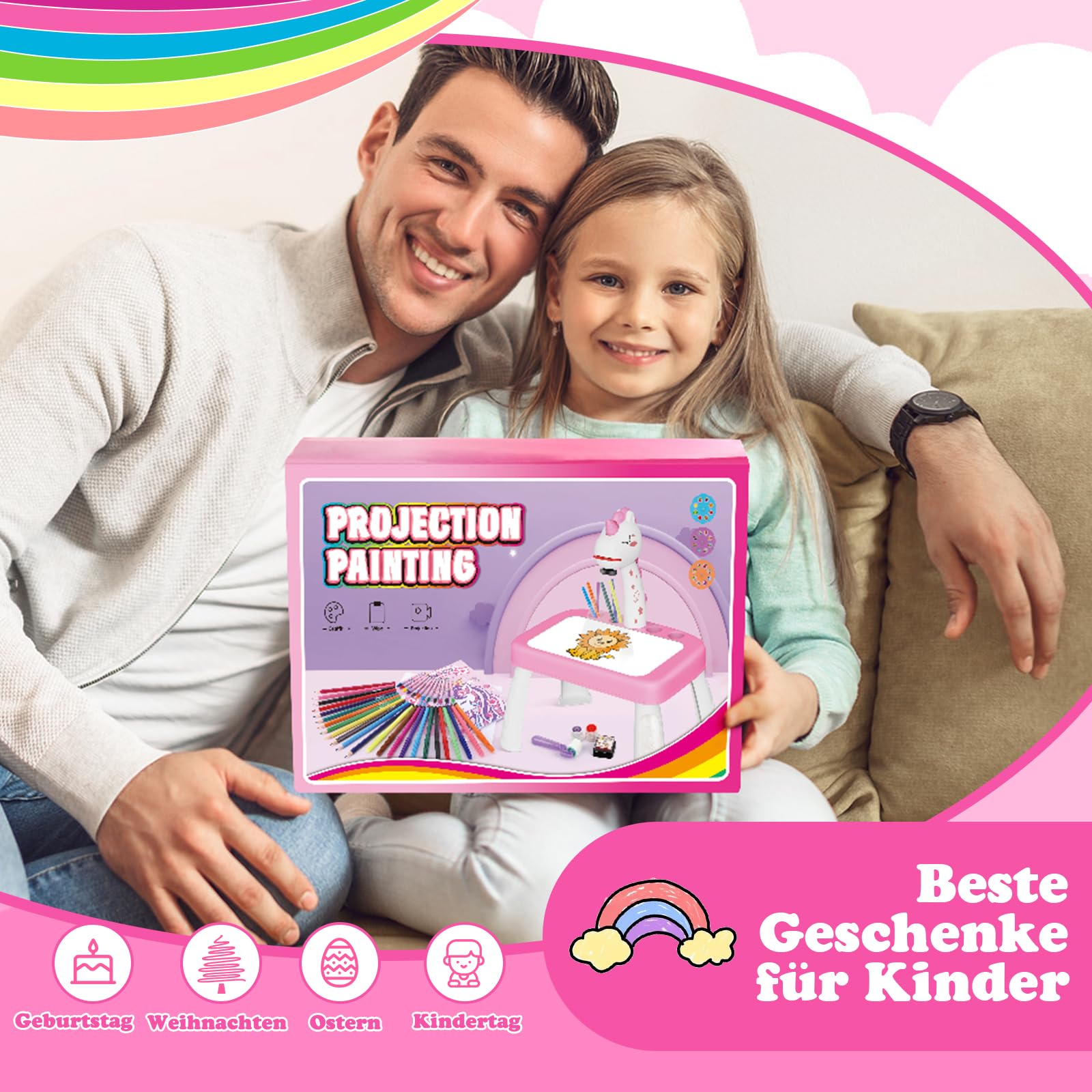 Konijiwa Einhorn Geschenke für Mädchen Zeichenprojektor für Kinder mit 72 Motiven Mädchen Geschenke Spielzeug 3 4 5 6 7 jahre Kinder Projektor mit Buntstiften, Zeichenbuch
