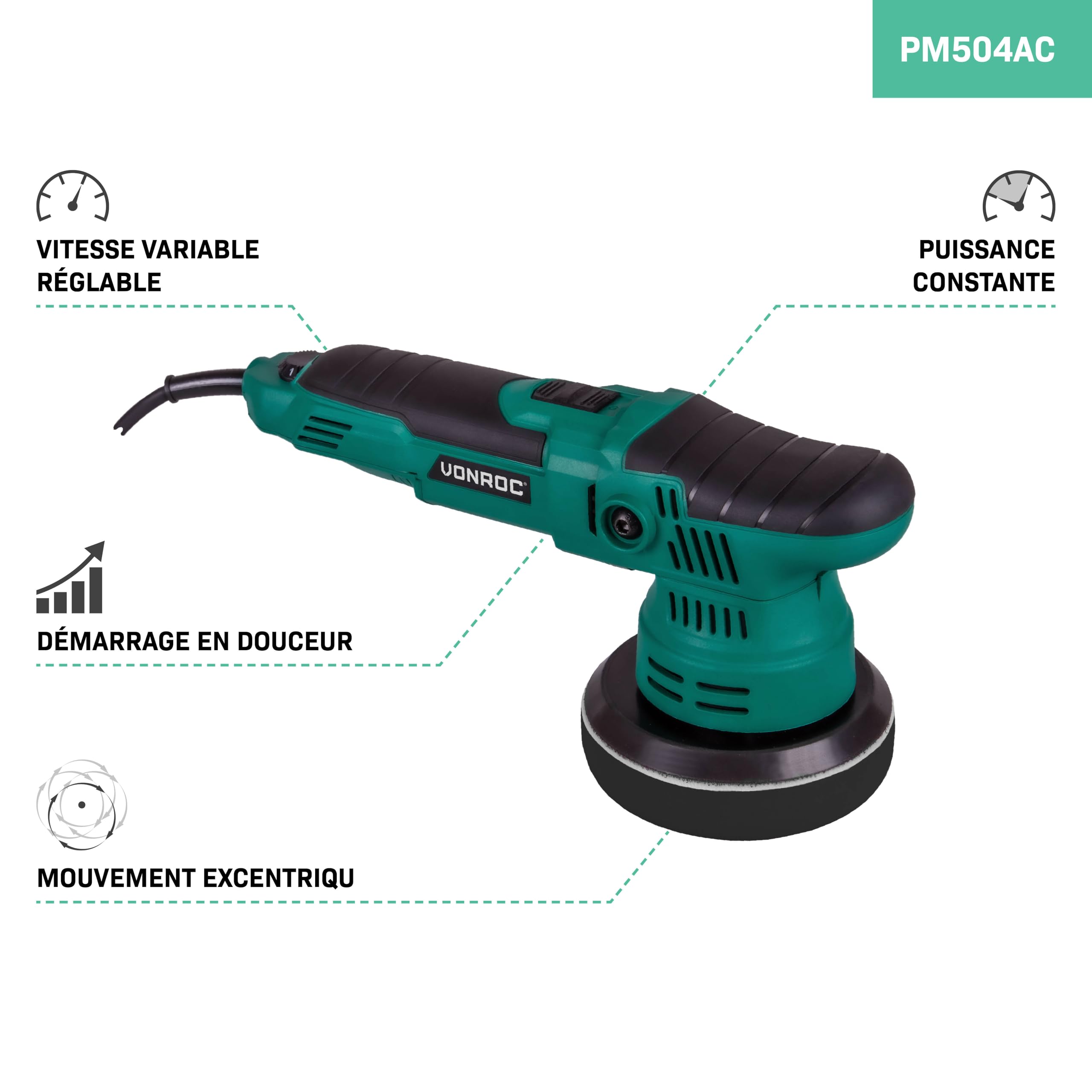 VONROC Polisseuse double action 650 W - Comprend 1 tampon polissage et plaque support 125 mm pour voiture et bateau - Technologie de refroidissement, utilisation polyvalente