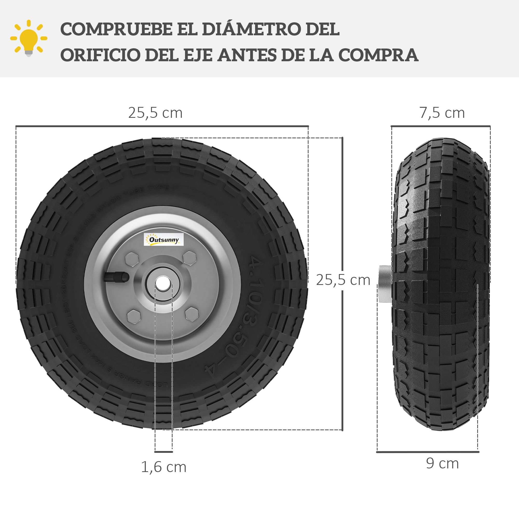 Outsunny Juego de 4 Ruedas para Carretilla, Neumáticos de Goma Ø255 x 75 mm, Ruedas de Repuesto, Eje de 16 mm, Carga 80 kg, para Carros de Mano y Carritos de Jardín, Negro