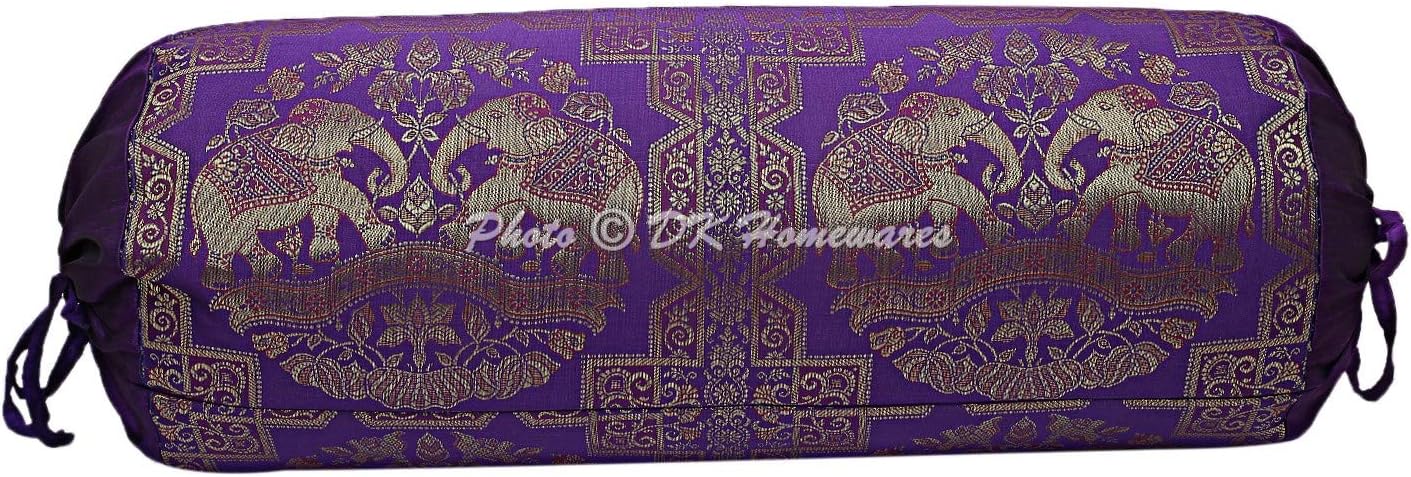 Ethnic Living Room Decorative Bolster Yoga Rectangle Pillow Cover Cylindrical Hotdog Purple Tube Jacquard Brocade Silk Elephant Traditional Throw Pillowcase 76x38 cm - Set of 2 Pcs