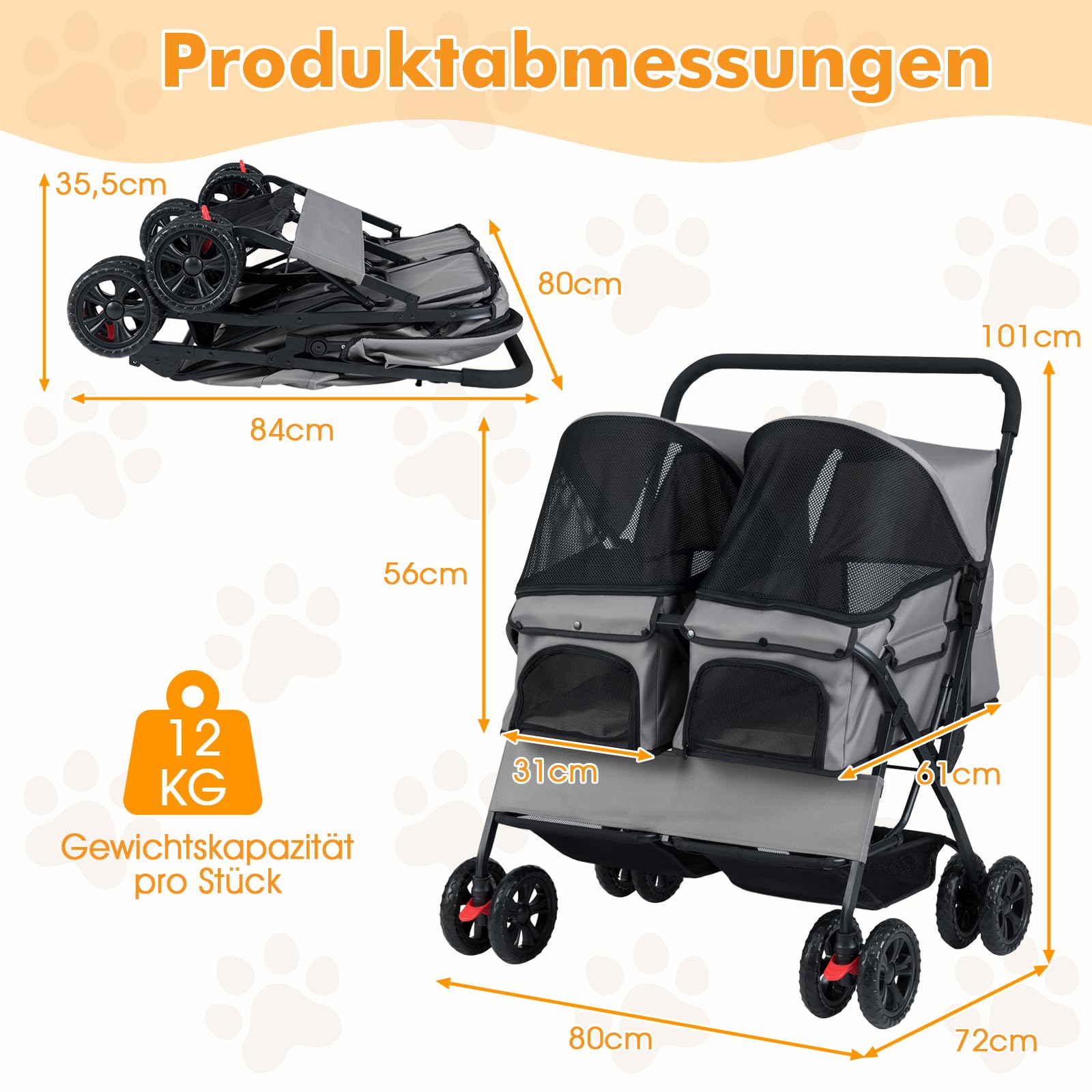 COSTWAY Hundewagen Doppel, Hundebuggy faltbar für 2 Hunde und Katzen, Haustier Kinderwagen mit verstellbarem Sonnendach, Korb & Polster, Hundebox Transporttasche klappbar, Zwillingsbuggy (Grau)