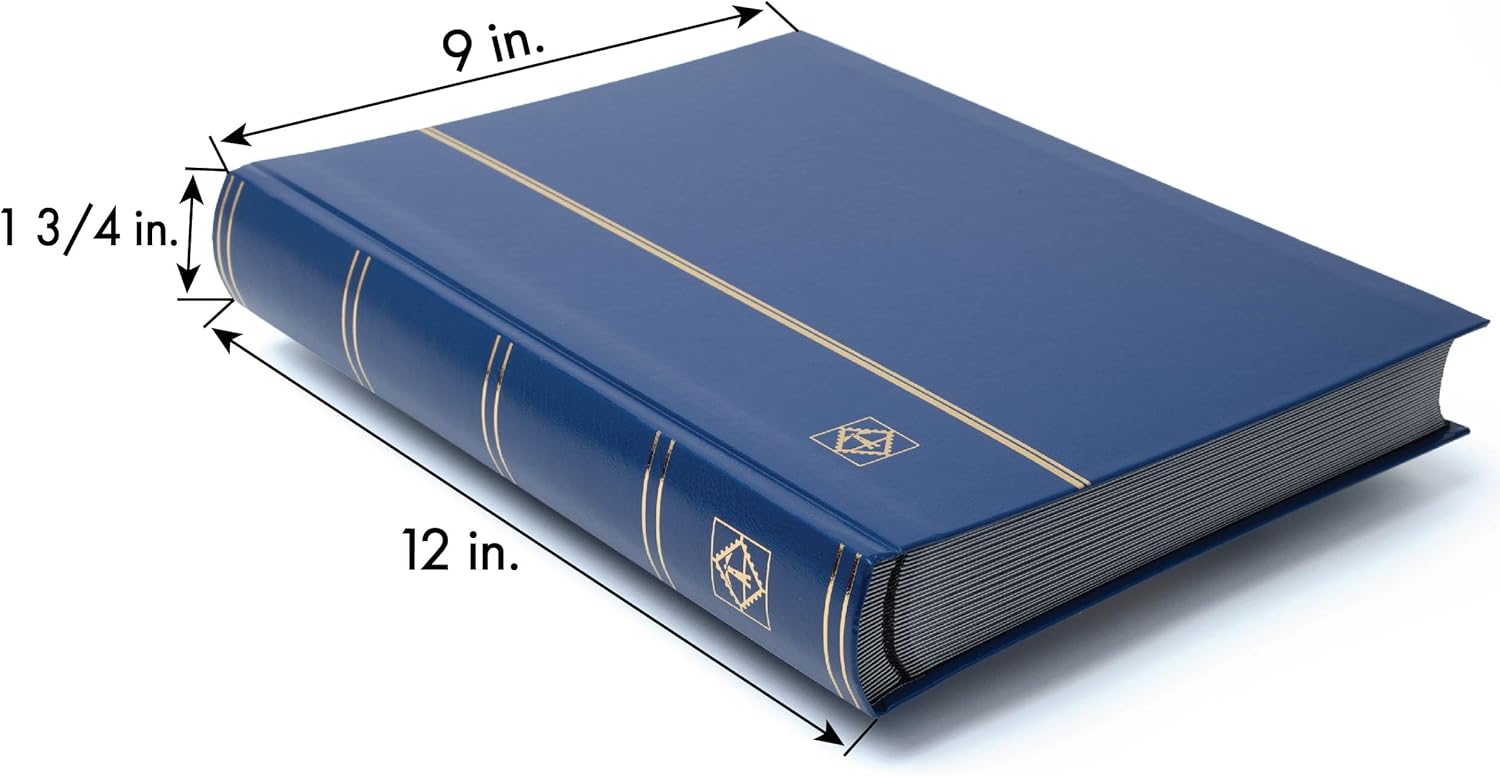 LIGHTHOUSE – “BASIC” Hard Cover Stockbook for Stamps - 64 Black Cardstock A4 Pages with Clear Strips and Double Linen Hinges - Blue