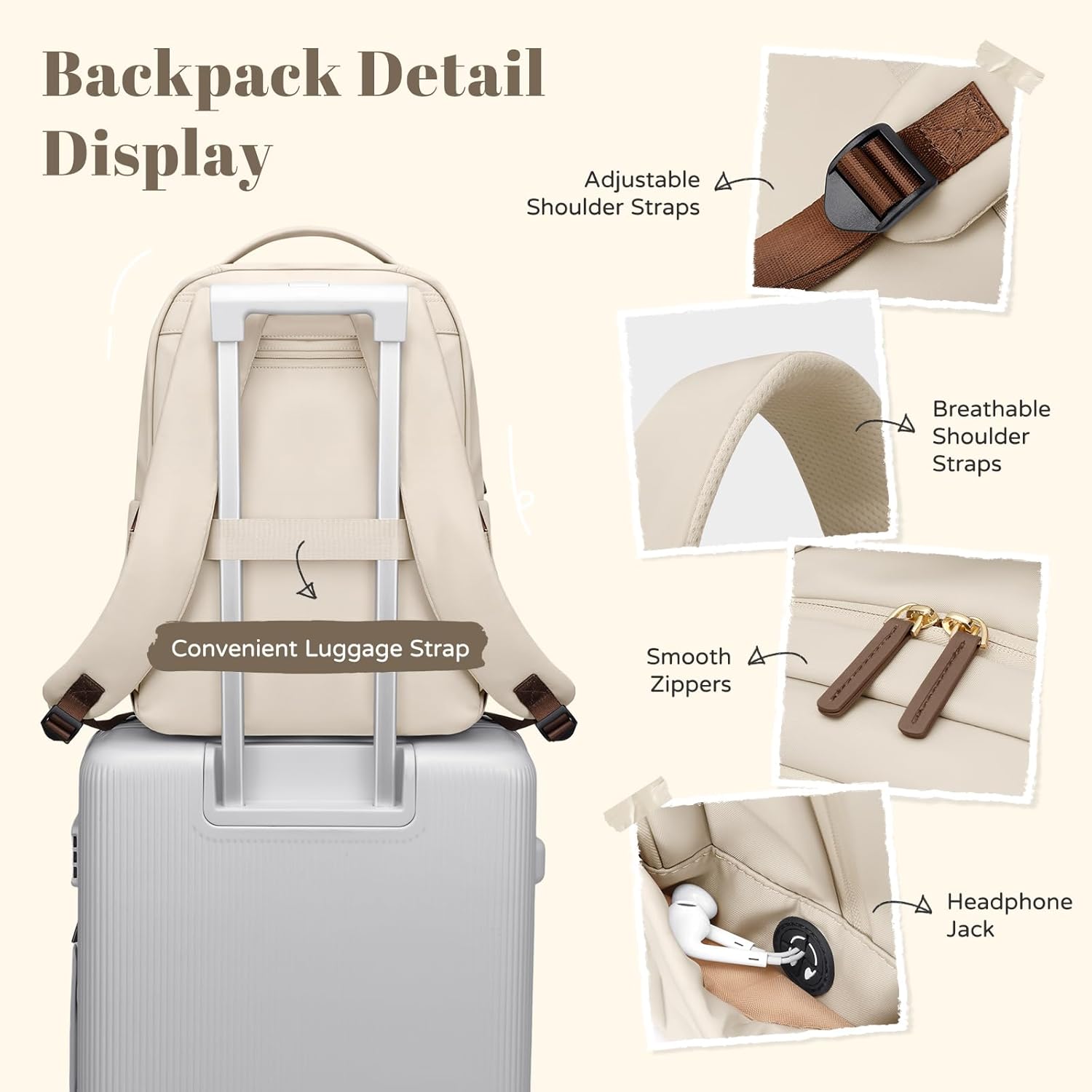 GOLF SUPAGS Multifunctional Laptop Backpack for Work Travel Leisure Water-Resistant Multiple Compartments Business Backpack for Women Fits 15.6 Inch Notebook (Apricot)