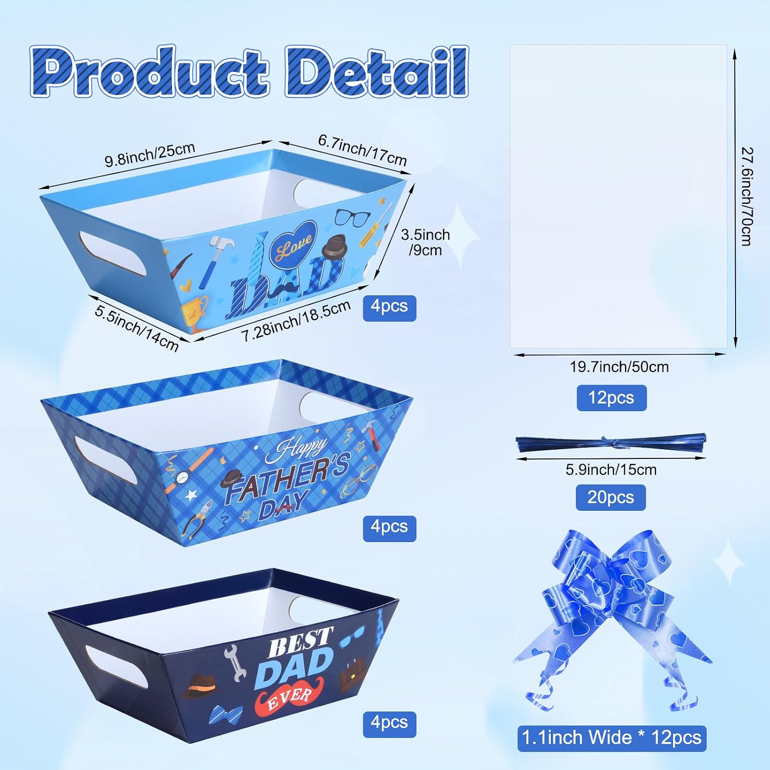 12 Sets Father’s Day Gift Basket Empty with Transparent Cellophane Bags,Blue Cardboard Father Gift Basket Bulk with Pull Bows Ribbons to Fill for Fathers Day Birthday Party Wrapping Gifts