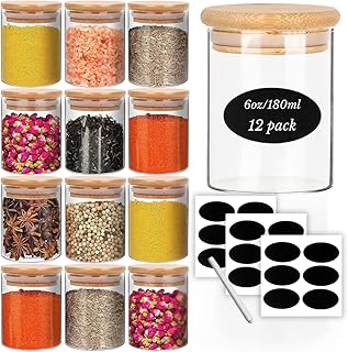 CLOUDFOUR 12 Glass Spice Storage Jar with Bamboo Lids & Labels