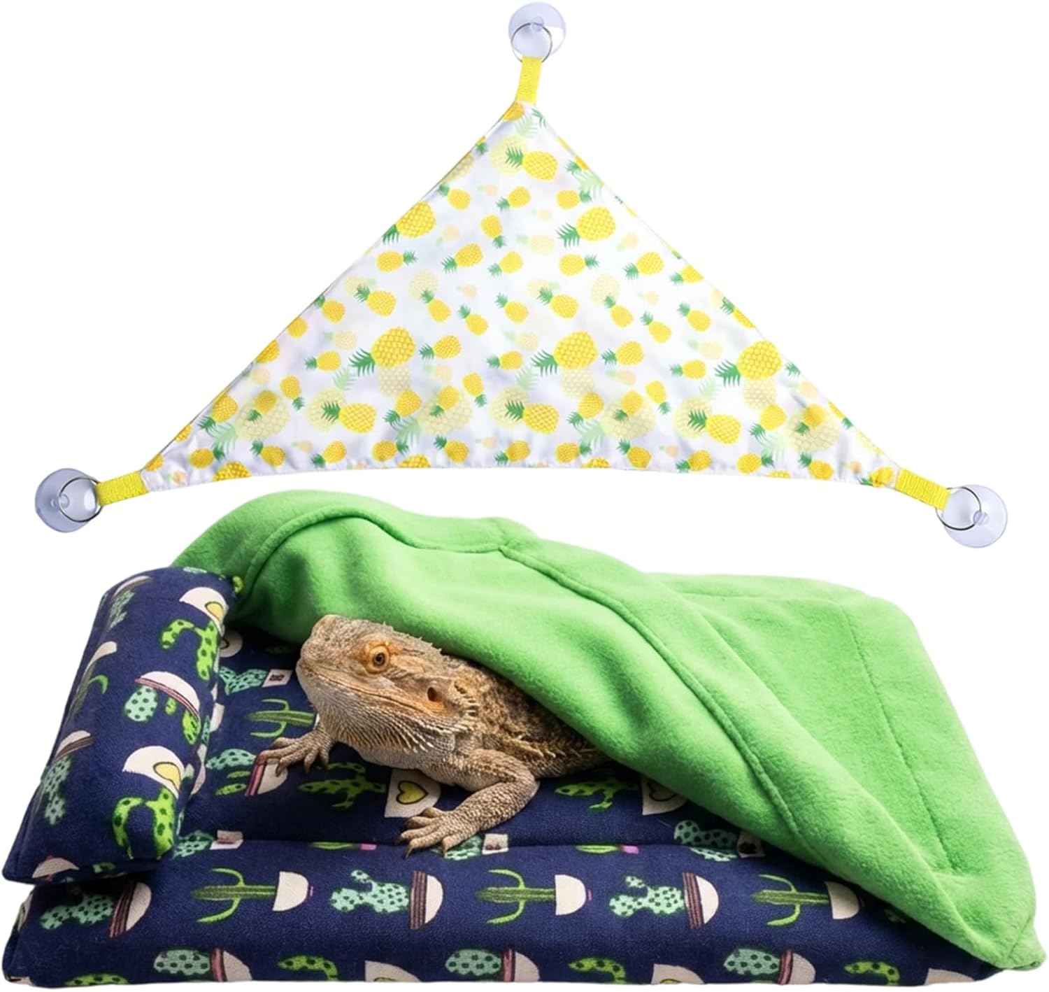 2-Piece Set with Blue and Green Quilt and Yellow Pineapple Medium Single Pack, Bearded Dragon Bed, Bearded Dragon Hammock,Canvas Material for Reptile Habitat Accessories and Lizard Comfort