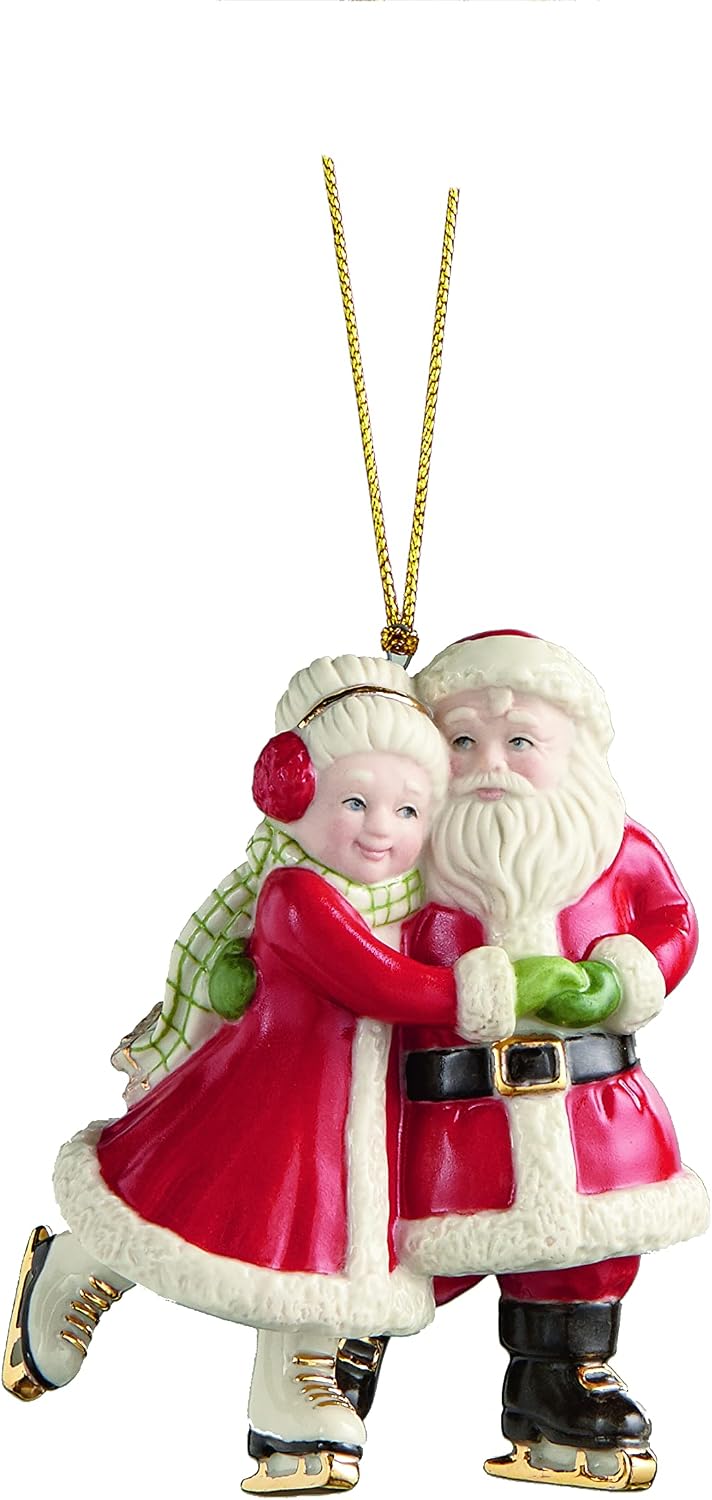 Lenox Ice Skating Santa and Mrs. Claus Ornament, 0.50 LB, Red & Green for Christmas