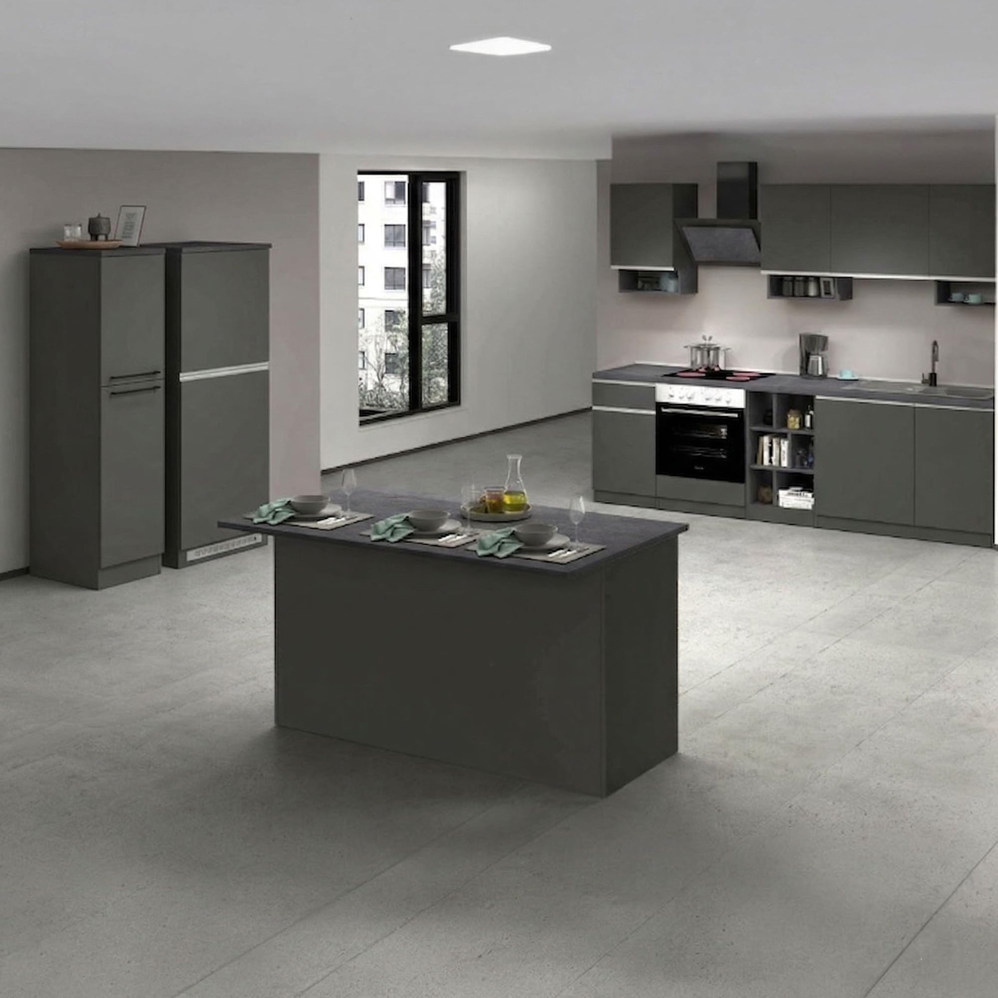 Dmora - Cuisine complète Armand, Ensemble avec Garde-Manger, Meuble de kitchenette, Kit Bloc avec îlot et Porte-frigo, 100% Made in Italy, Anthracite et Ardoise