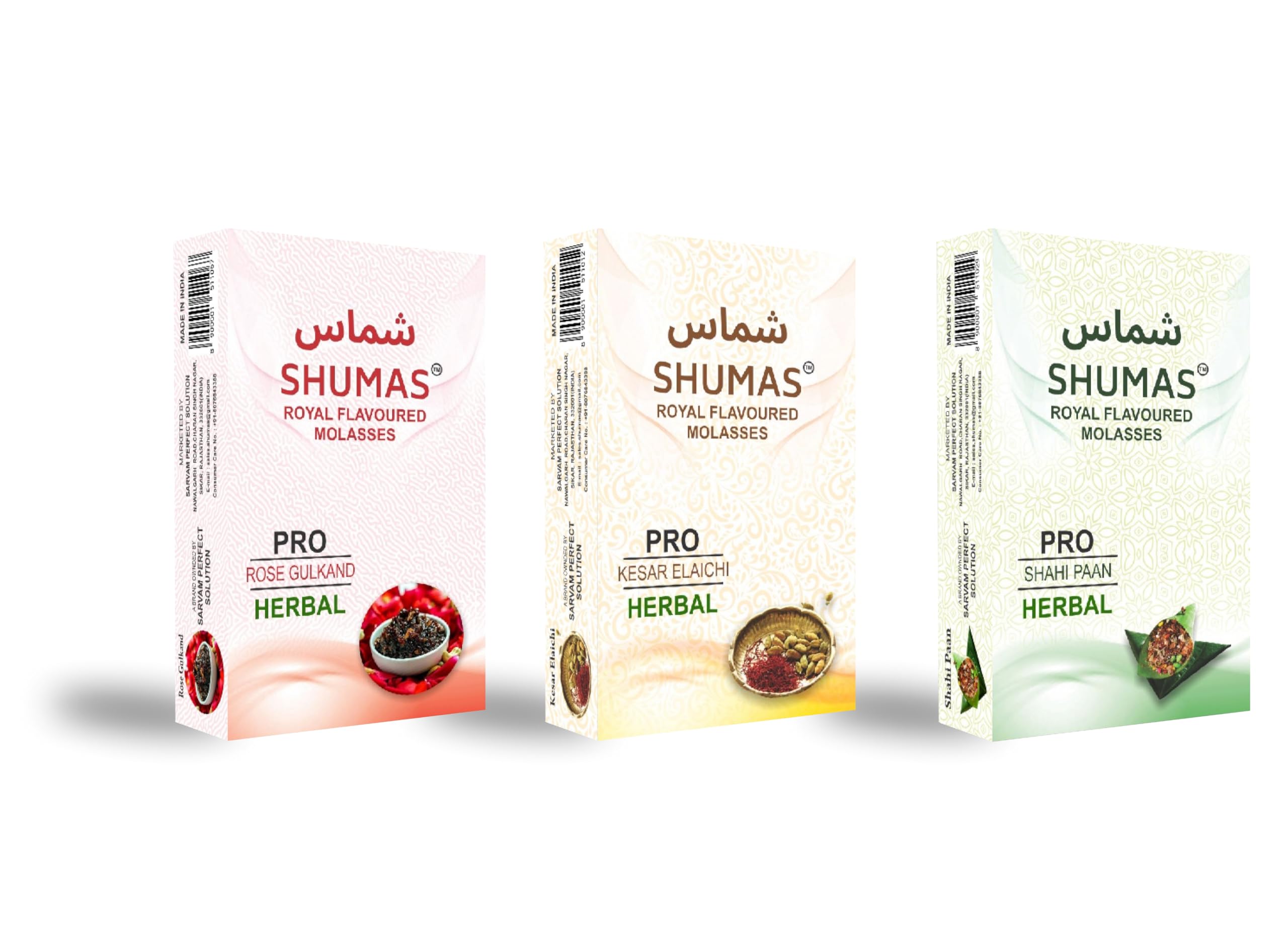 SHUMAS Herbal Hookah Flavour | Nicotine & Tobacco Free | Shisha Flavour | 3 Pack of 50g Delights | (Rose Gulkand, Kesar Elaichi, Shahi Paan) | Flower Leaves Based
