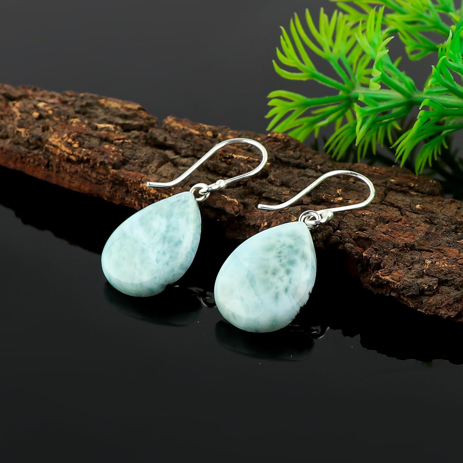 Natural Sky-Blue Larimar Gemstone Earrings, 925 Sterling Silver Bohemian Earrings, Handmade Cabochon Jewelry, Healing Crystals, Elegant Earrings for Women (Approx.16x12mm) - Image 2