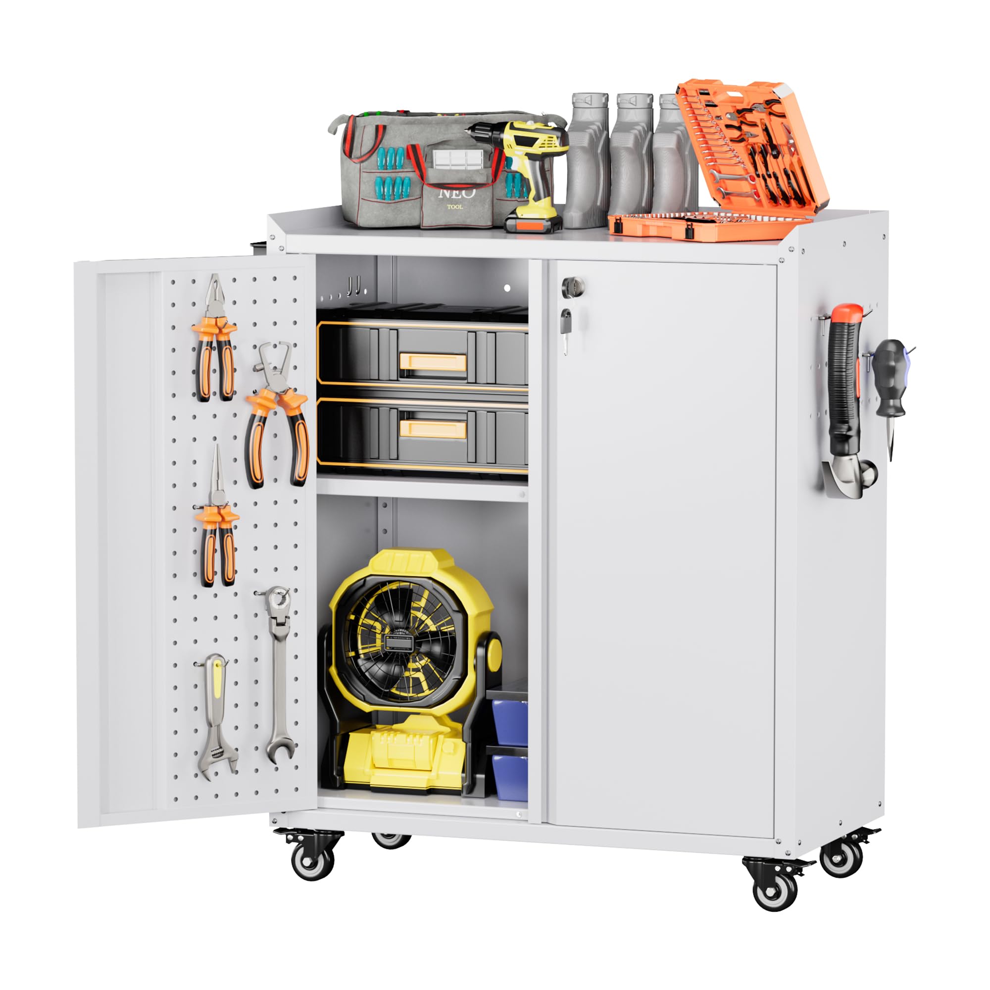 SUPEER Metal Tool Cabinet with Wheels and Pegboard, 87x66x35cm Garage Storage Cabinet with Lock, Doors and Shelf with 4 Hooks for Garage, Home, Workshops