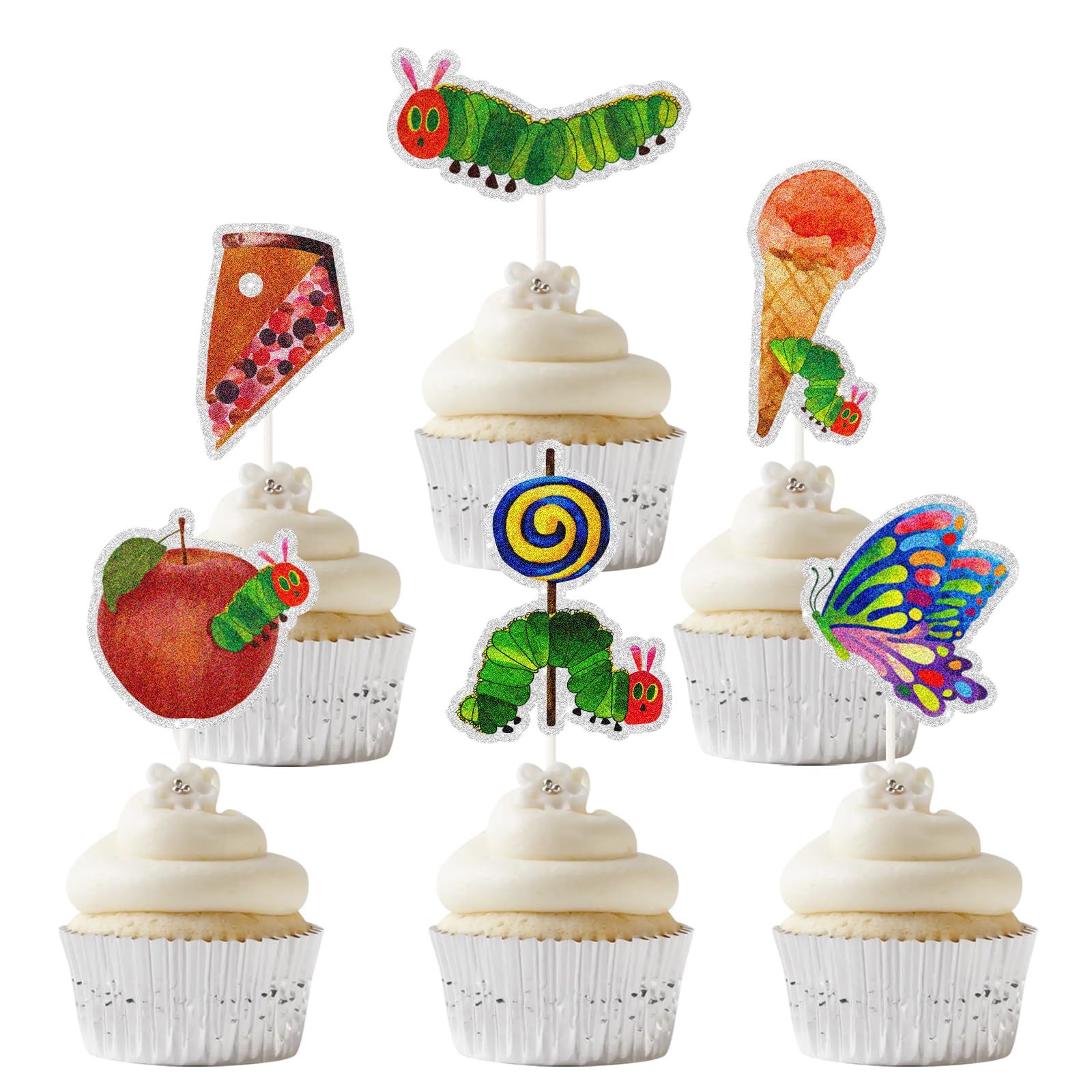 Photo 1 of 18pcs Hungry Caterpillar Dessert Cupcake Topper, Very Hungry Caterpillar Reading Story Theme Party Decorations for Boy Girl, Children's Fairy Tale Party or Birthday Party Event Supplies