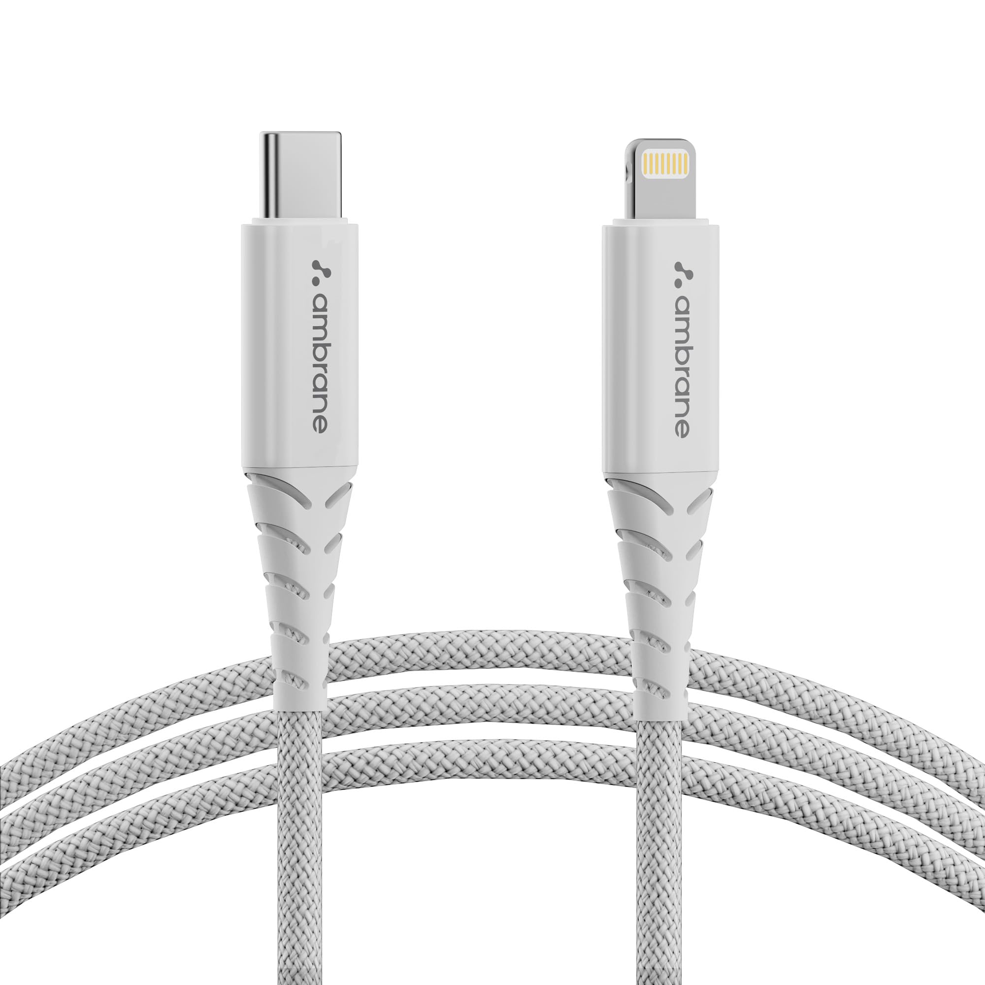 ambrane type-c to lightning cable, 22.5w fast charging, 480mbps data sync cable compatible with iphone, ipad, macbook, imac, airpods, 1.25m (abtl-125 white)