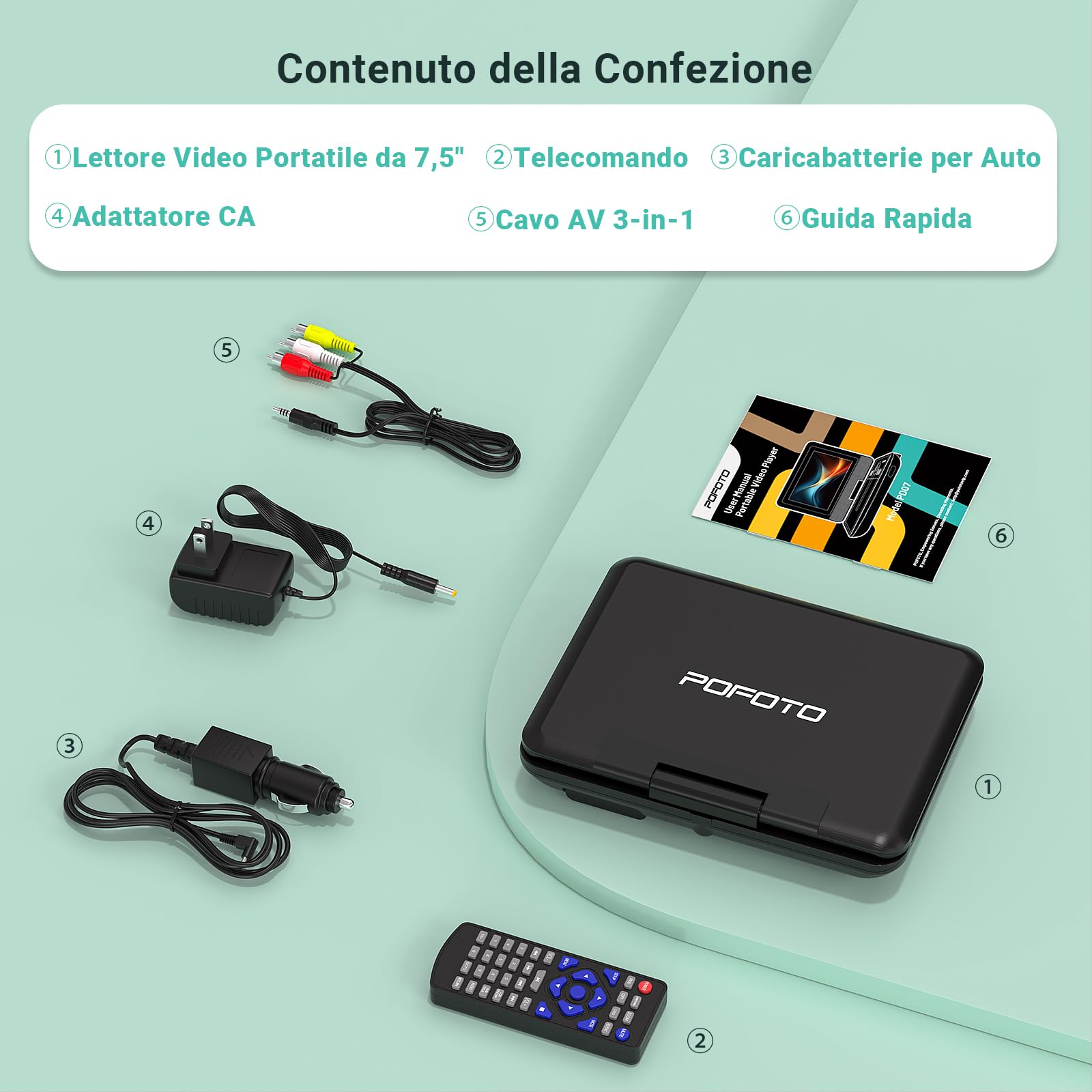 POFOTO Lettore DVD Portatile 9,5'' Schermo HD Ruotabile 7,5'' Batteria 4-6 Ore Supporto Multiformato Dischi SD USB Antiurto