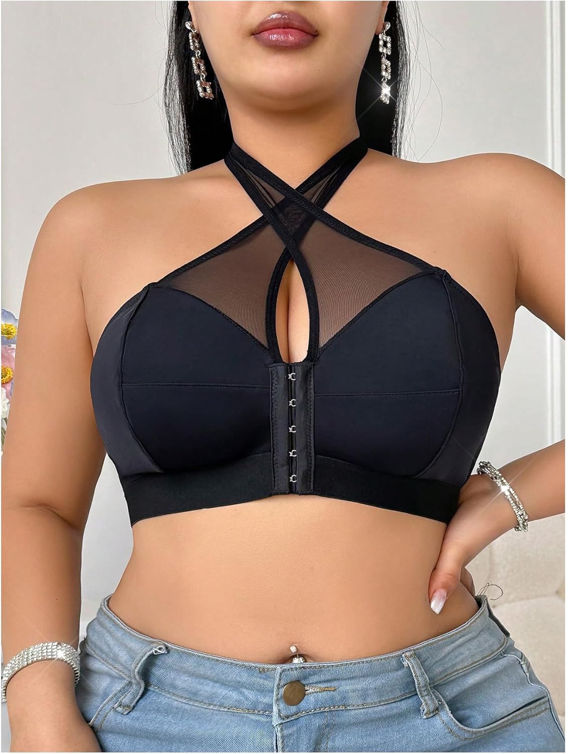 SOLY HUX Plus Size Bras for Women Front Closure Halter Criss Cross Mesh Wireless Bra Comfort Everyday Bralette - Image 3