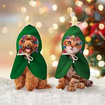 Lewondr Dog Cat Christmas Costume Cloak with Star and Pompoms Pet Apparel Party Dressing Up Clothing for Pet Christmas Doggie Outfit for Dogs Cats Clothes Xmas Cape Costumes, Medium Size, Green
