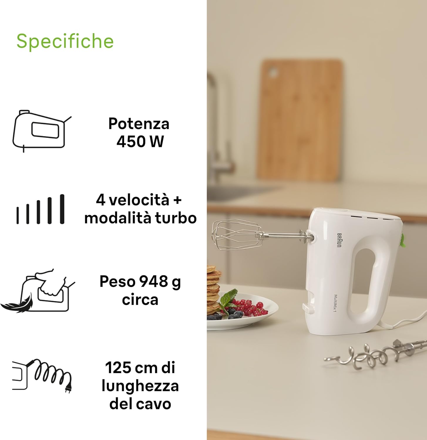 Braun MultiMix2 HM1110WH Sbattitore Modello 2024, 4 Velocità + Turbo, Dotato di 2 Fruste in Acciaio Inox e 2 ganci in acciaio inox, Motore Silenzioso, Leggero e Pratico, potenza 500watt, Bianco Bianco Modello 2024 - Immagine 3