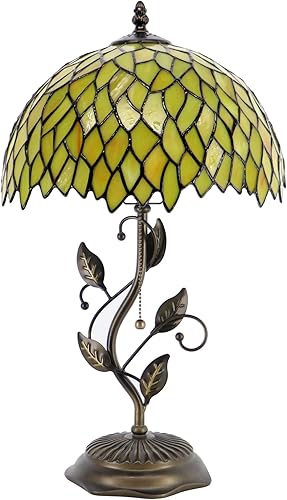 Miniatura 11 de Tiffany Lámpara de mesa, lámpara de escritorio estilo vitral, 12 x 12 x 19 pulgadas, luz de lectura de noche, base de hojas de metal (cristal