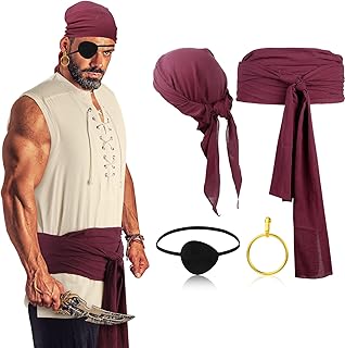 5 Pcs Men Pirate Costume Set for Women Adult Medieval Renaissance Shirt Bandana Sash Belt for Halloween Cosplay Party