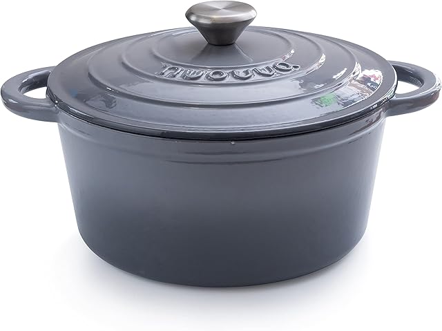 Cast Iron Pot with Lid  Non-Stick Ovenproof Enamelled Casserole Pot  Sturdy Dutch Oven Cookware  Grey, 4.7L, 24cm  by Nuovva