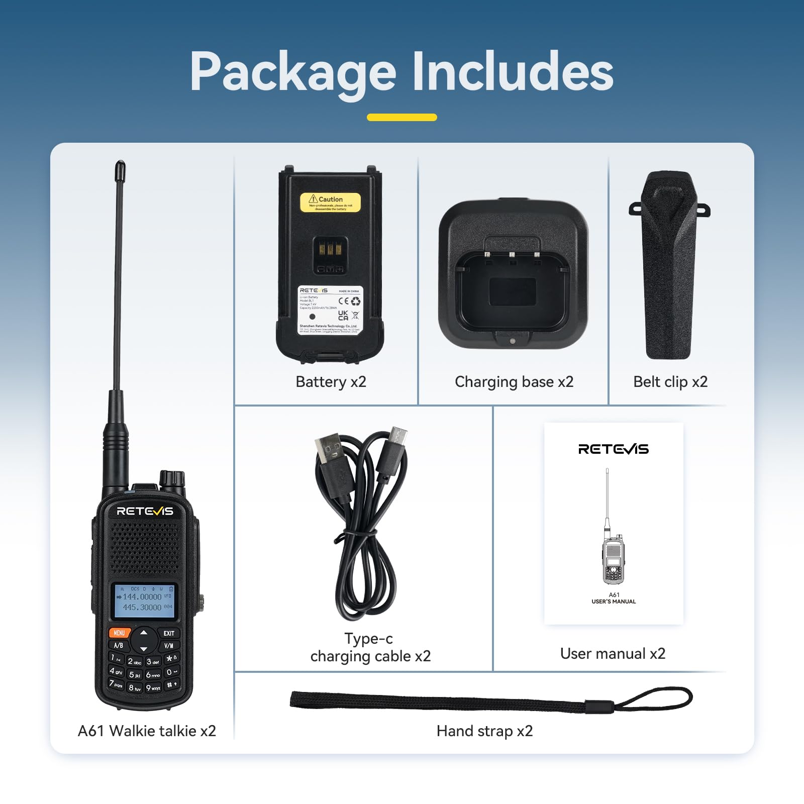 Retevis A61 Radios Amateurs, Radio Double Bande, Talkies Walkies Etanches IP67, Bande 2 m/70 cm/FM/AM, Batterie 2200 mAh, Sub PTT, Radios Bidirectionnelles de Chargement USB-C (2 Pièces)