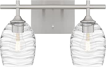 Quoizel Lucy Bath Vanity Lights, 15 Inch 2-Light Brushed Nickel Bathroom Lighting Fixtures Over Mirror, Clear Optic Glass, 100W, Coastal-Inspired Wall Mount Light for Bathroom