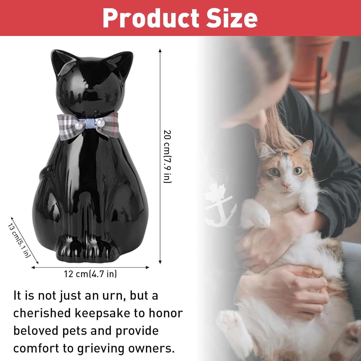 ETIAL Ceramic Pet Urn for Ashes, Cat Shaped 850ML Funeral Cremation Urn for Small Dogs & Cats, Angel Themed Memorial Keepsake Box, Handmade Heartfelt Sympathy Gift for Pet Loss (Black)