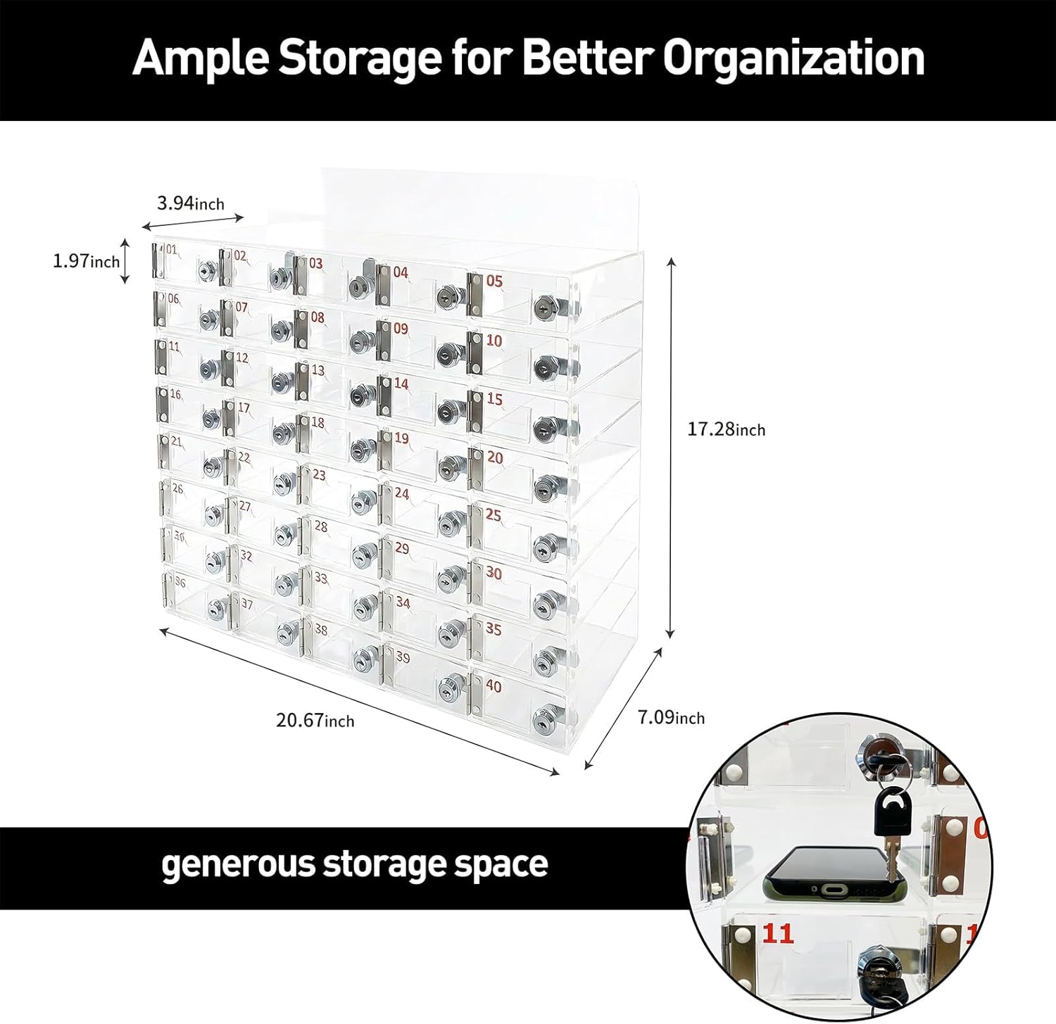 40-Slot Acrylic Cell Phone Locker Box, Large Capacity Clear Phone Storage Cabinet with Keys for Office, Gym, Factory，Swimming Pool, Name Card Slot Cell Phone Locker for Employees
