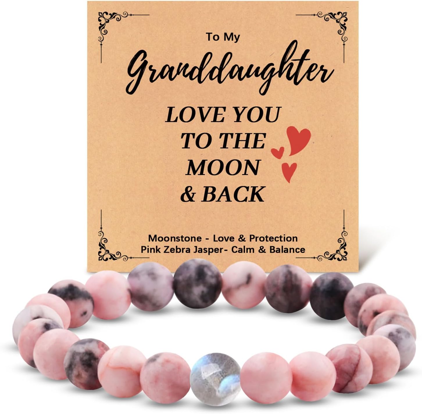 Gifts for Mom/Wife/Daughter/Granddaughter Natural Stone and Love Moonstone Bracelet for Women Birthday Mothers Day Thanksgiving Christmas Gifts