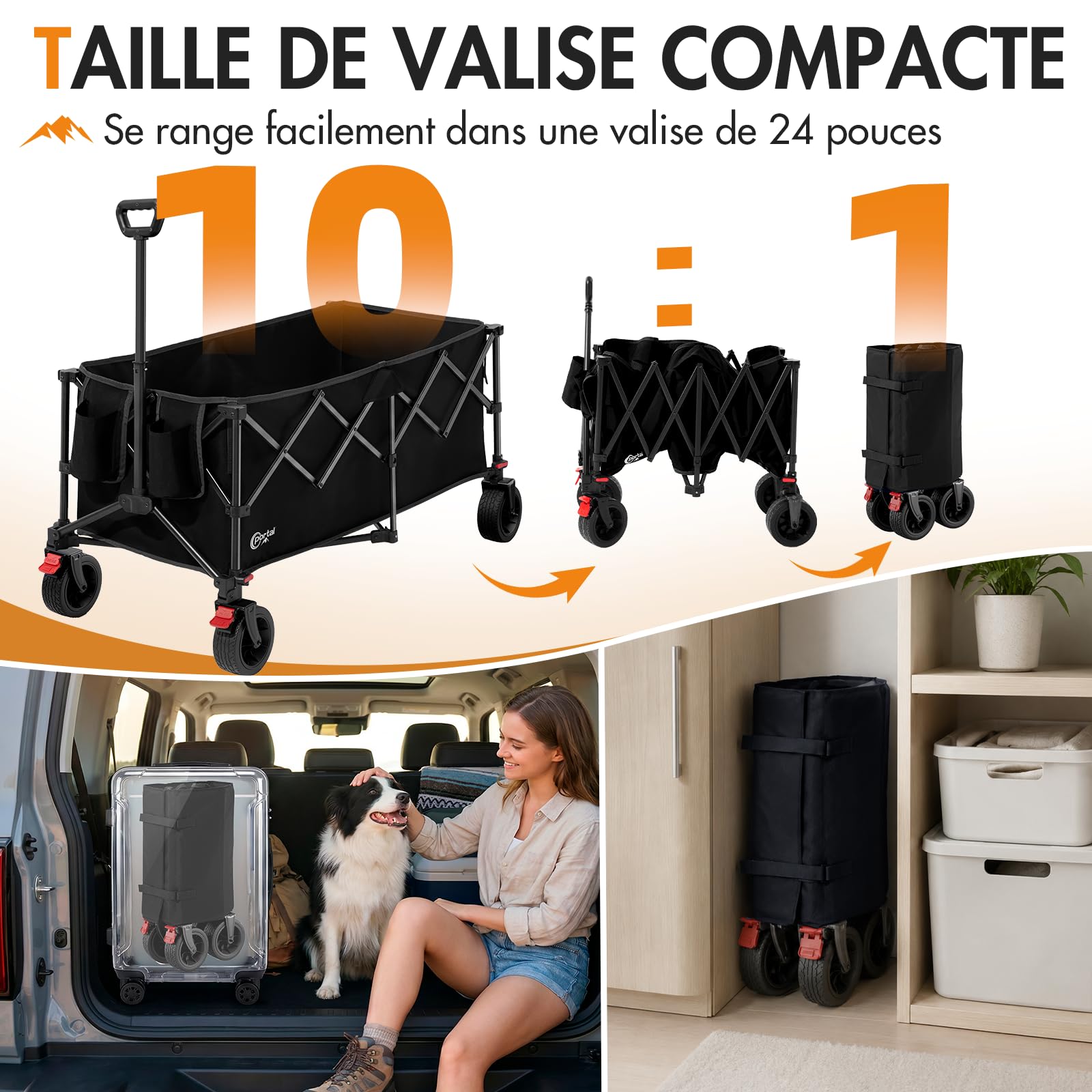 Portal Chariot de Transport Pliable XXL 300L Capacité 150kg Roues Tout Terrain 360° Frein Double Poignée Réglable Idéal pour Jardin Plage Camping et Courses Nior