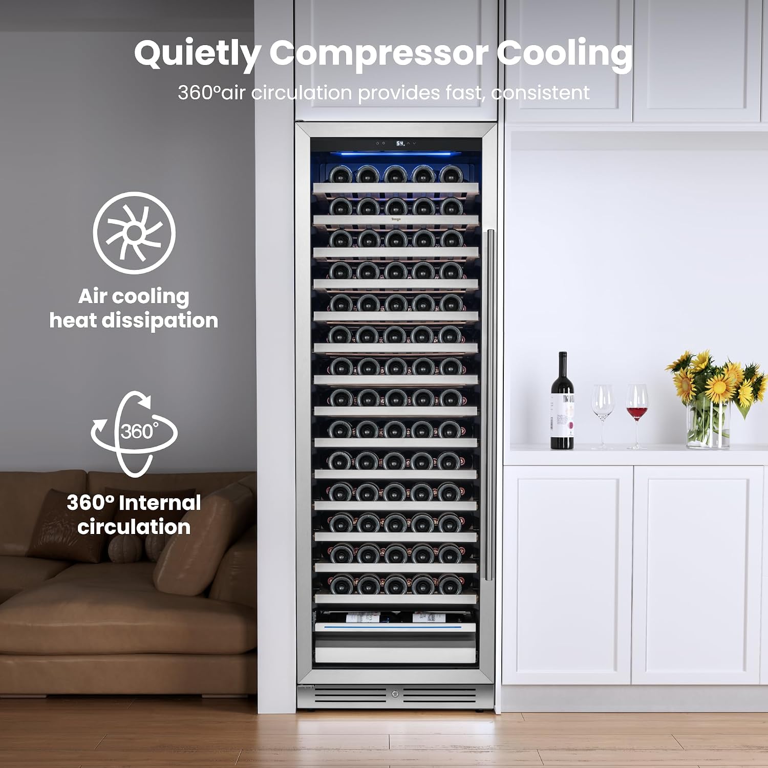 Yeego Wine Fridge – 24 Inch Wine Cooler Refrigerator 40°F-65°F, 304 Stainless Steel Glass Door Lock, Temperature Memory Blue & White LED Built-in Fridge Left-hand Opening with Drawer (165 Bottle)